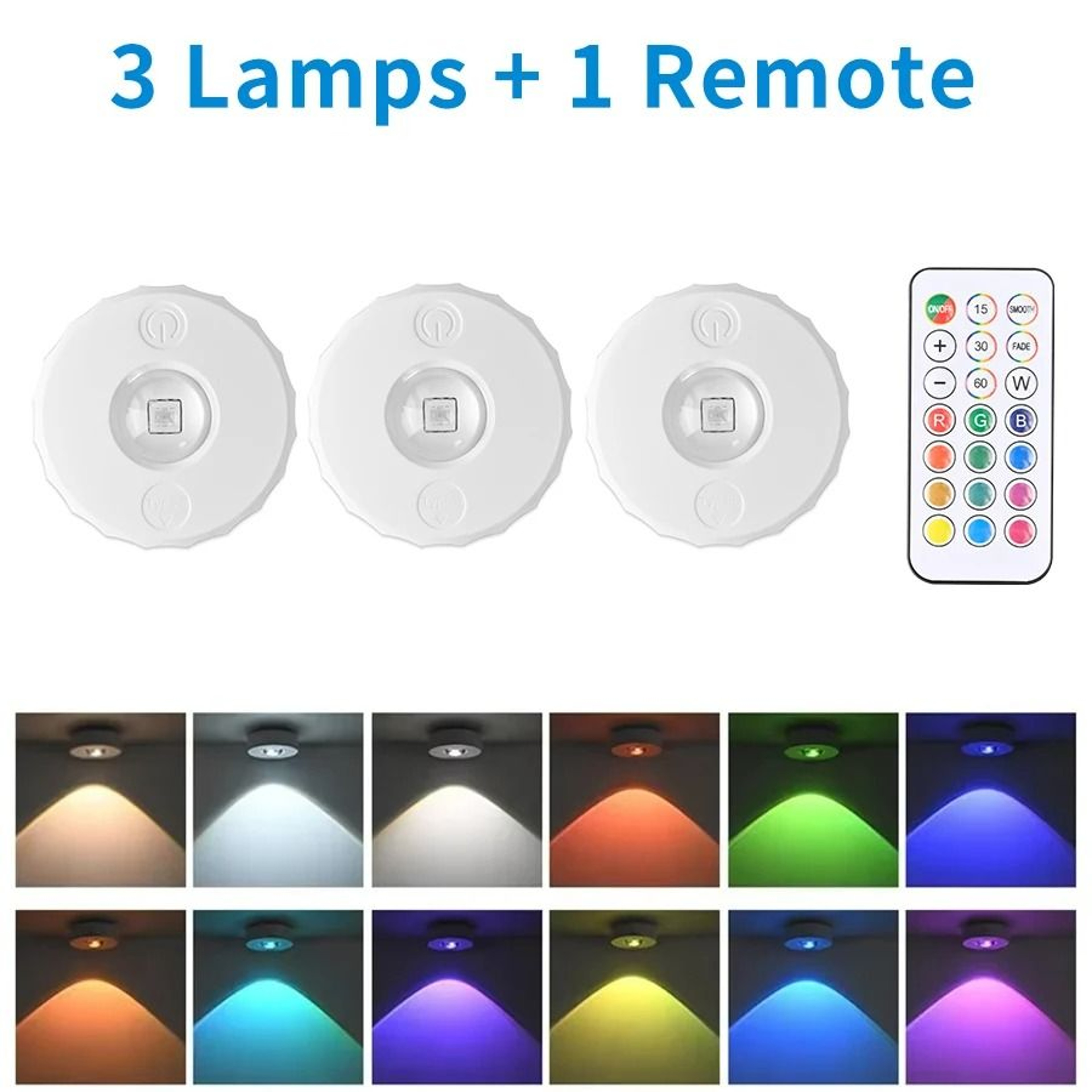 Rechargeable RGB LED Spotlight Set Wireless Dimmable Remote Control Puck Light 9