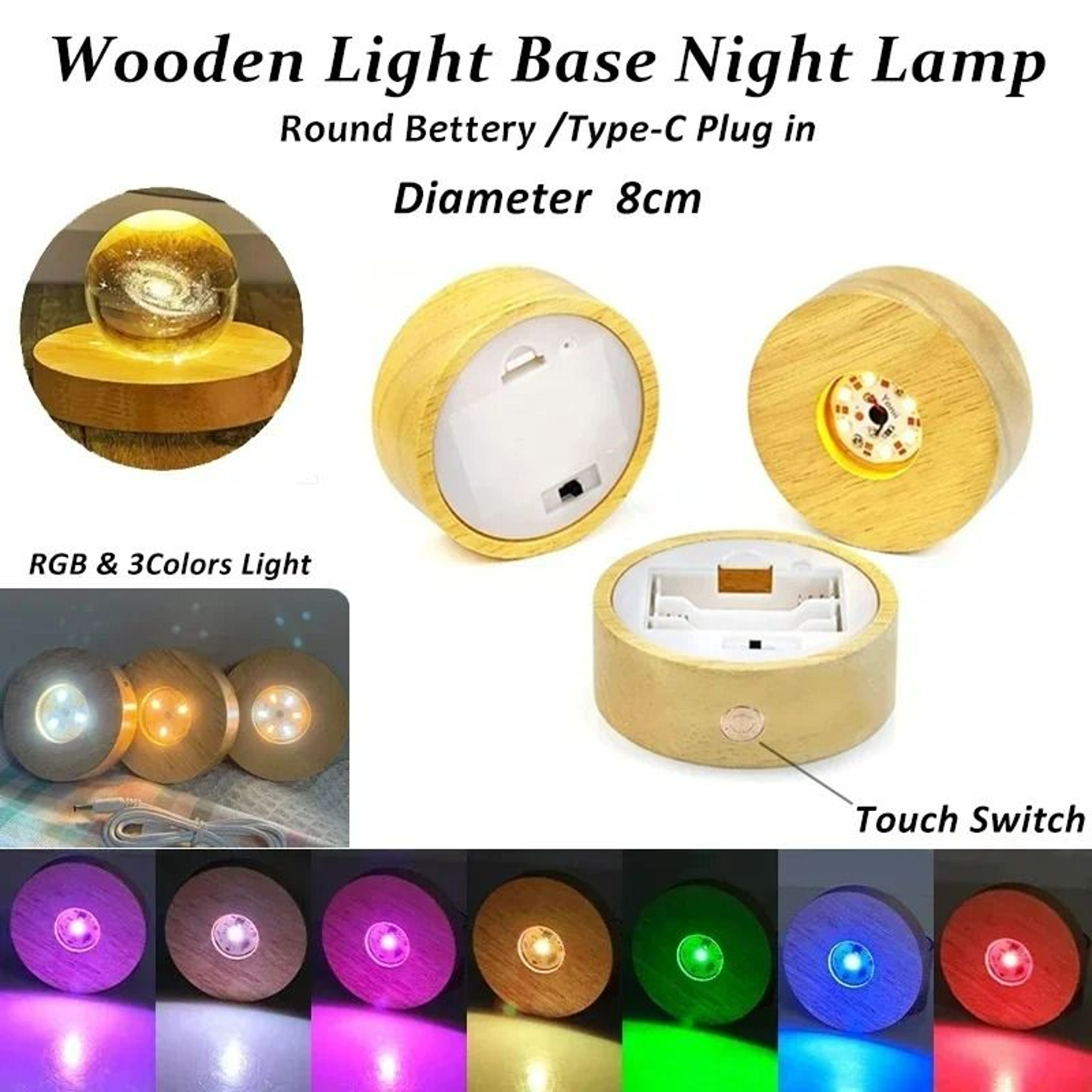 Wireless Round Wooden LED Light Base Solid Wood Crystal Display Stand 1