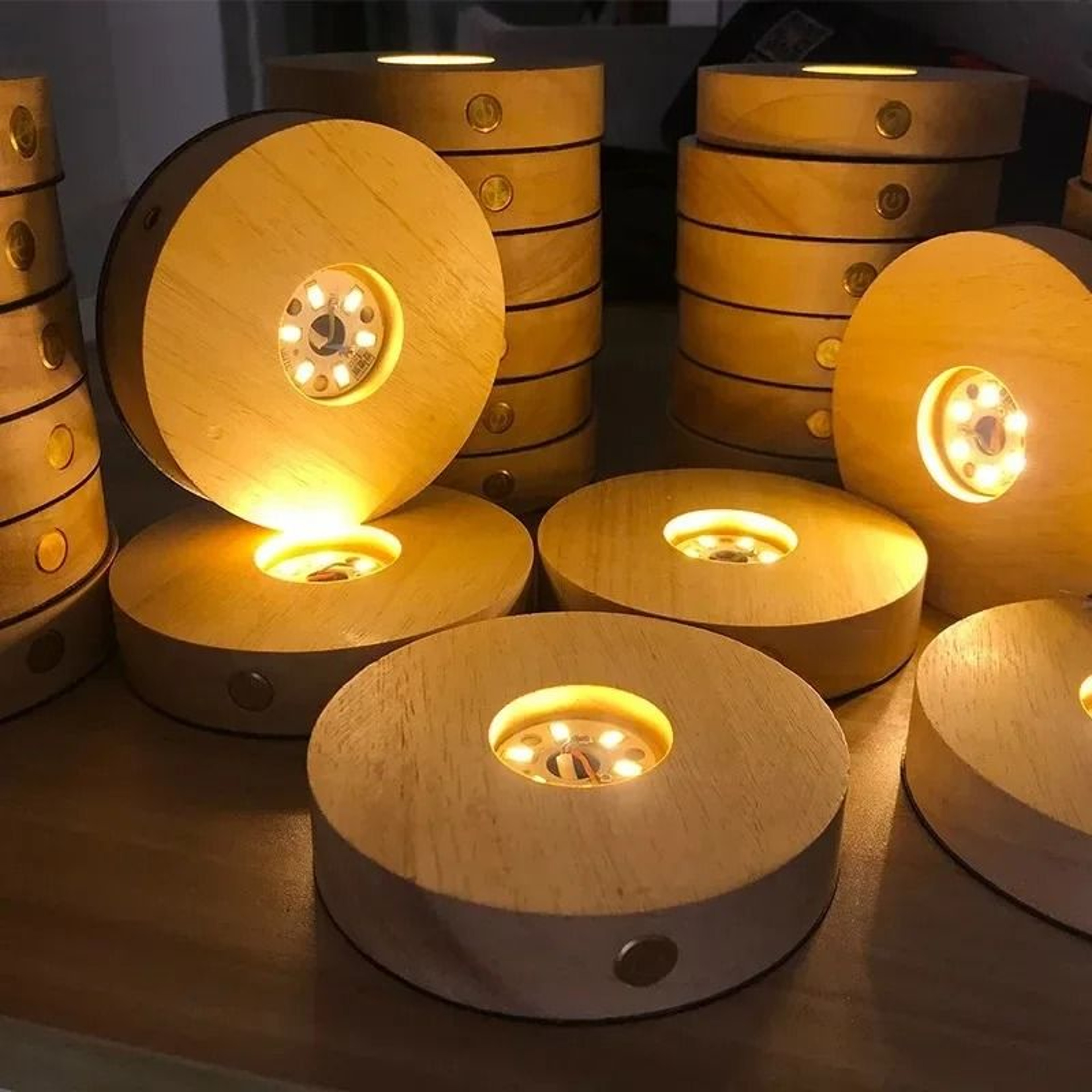 Wireless Round Wooden LED Light Base Solid Wood Crystal Display Stand 0