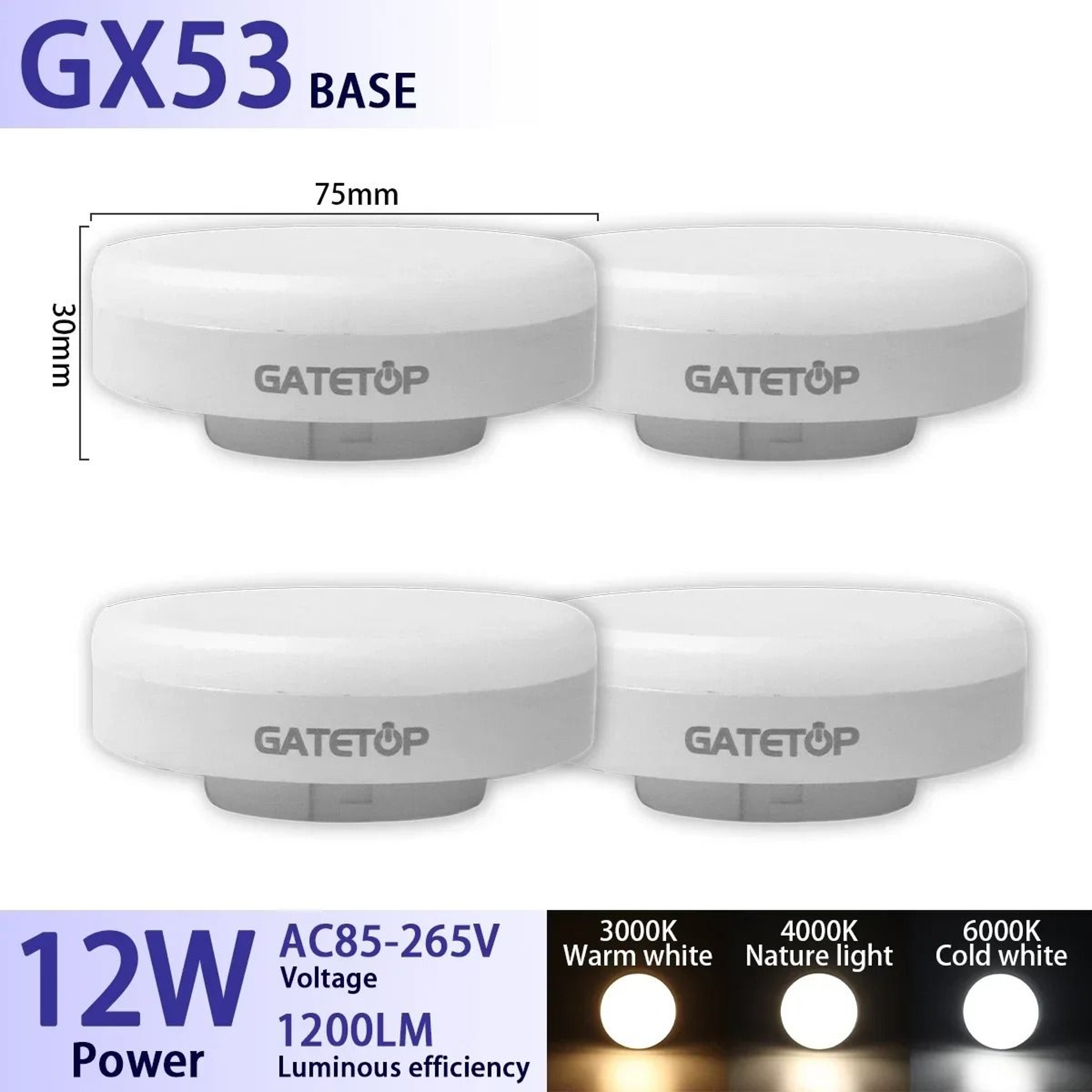 4Pack HighEfficiency GX53 LED Spotlight Bulbs 10