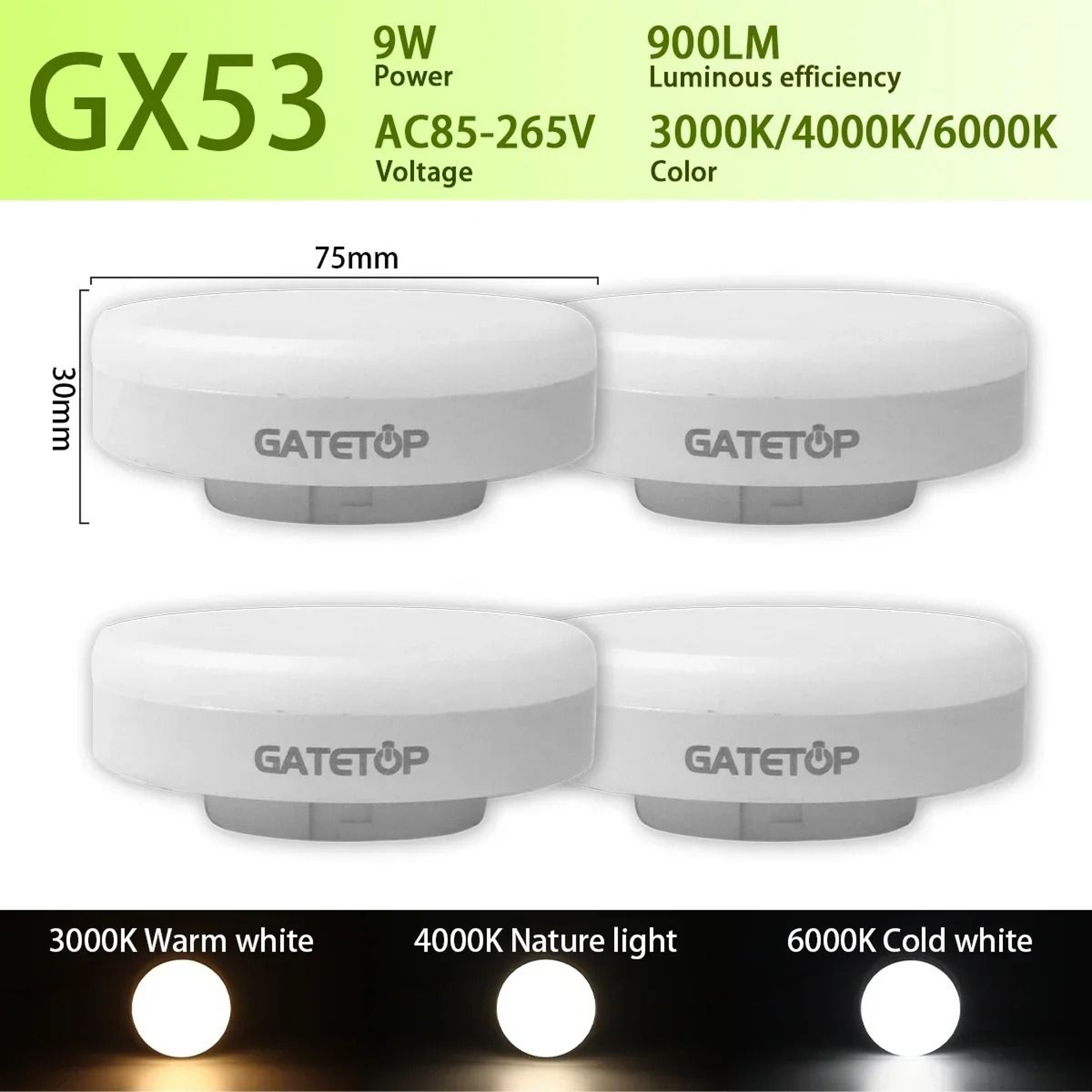 4Pack High Efficiency GX53 LED Spotlight Bulbs 9