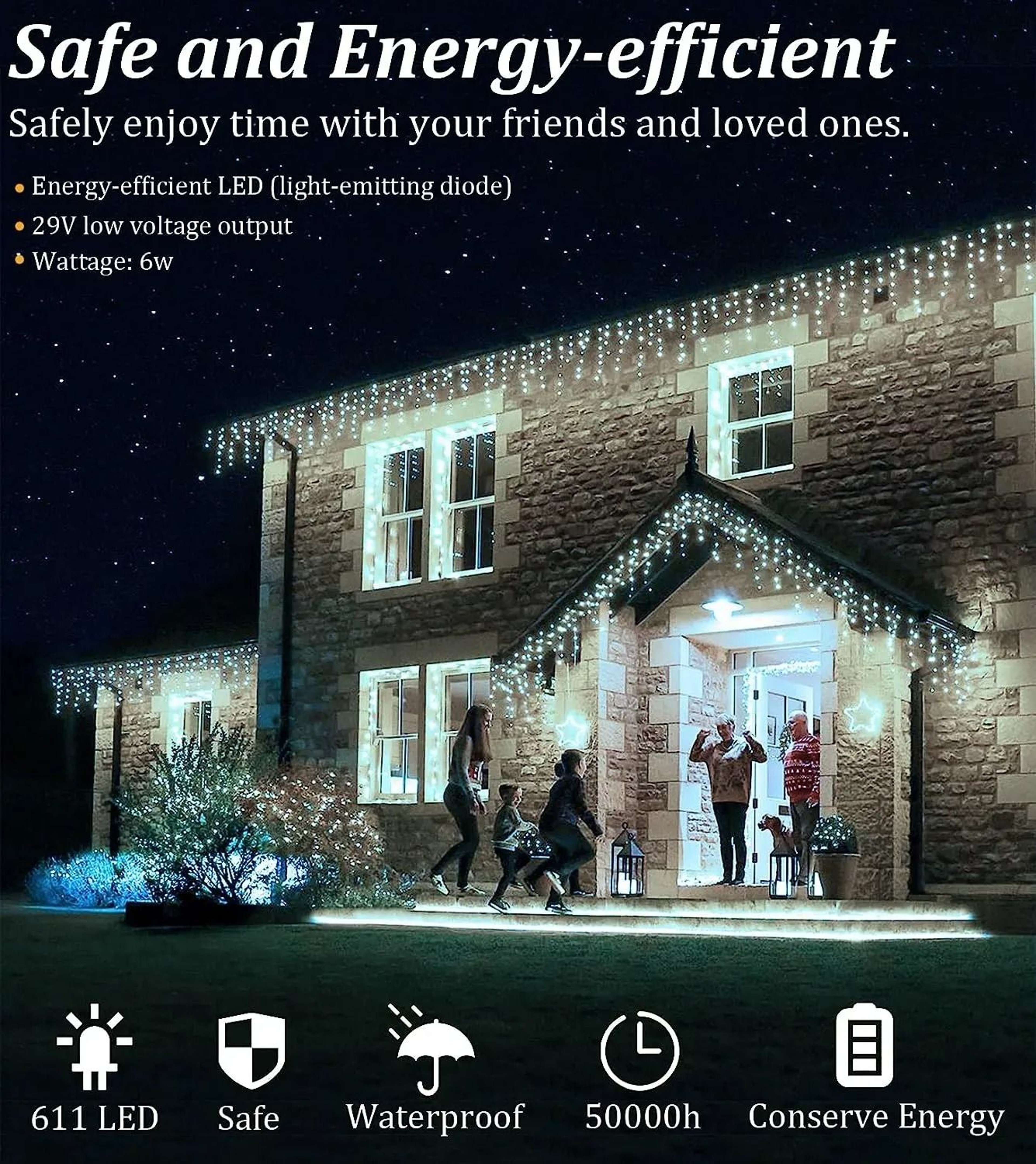 LowVoltage Safety Icicle Curtain Lights Outdoor Eaves String Lights 2