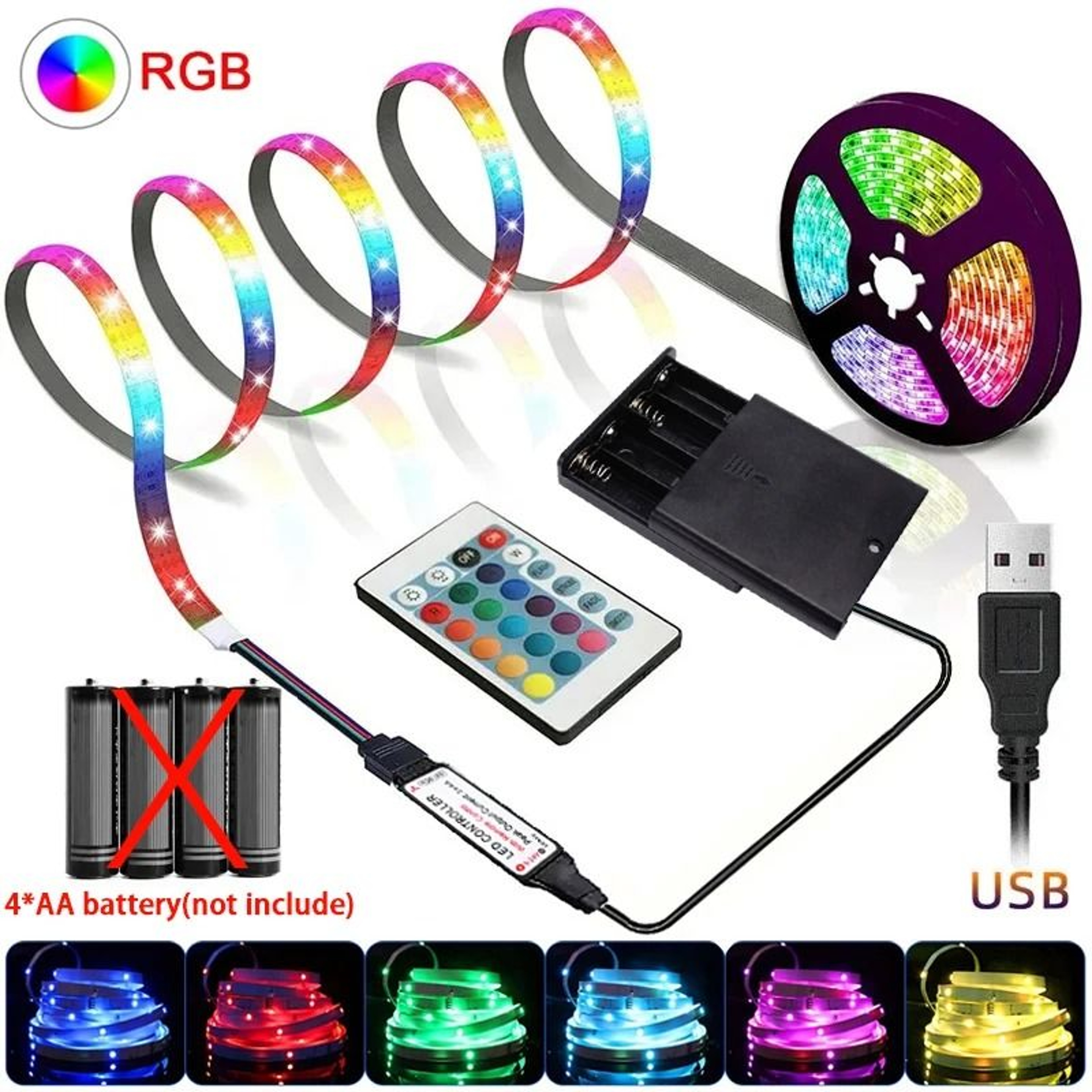 5V USB  BatteryPowered RGB LED Strip Lights With IR Remote 1
