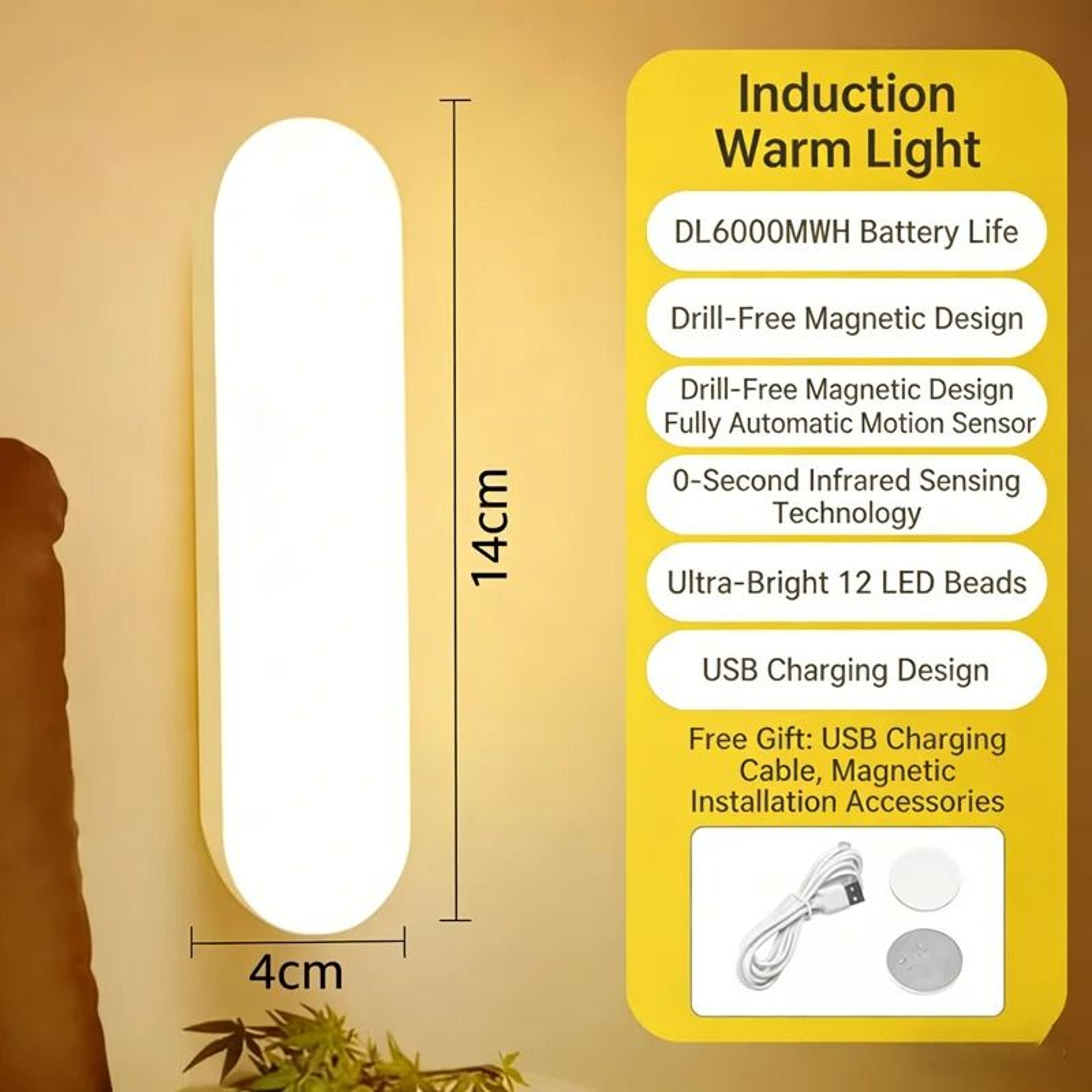 USB Rechargeable Magnetic Motion Sensor LED Cabinet  Closet Bar Light 8
