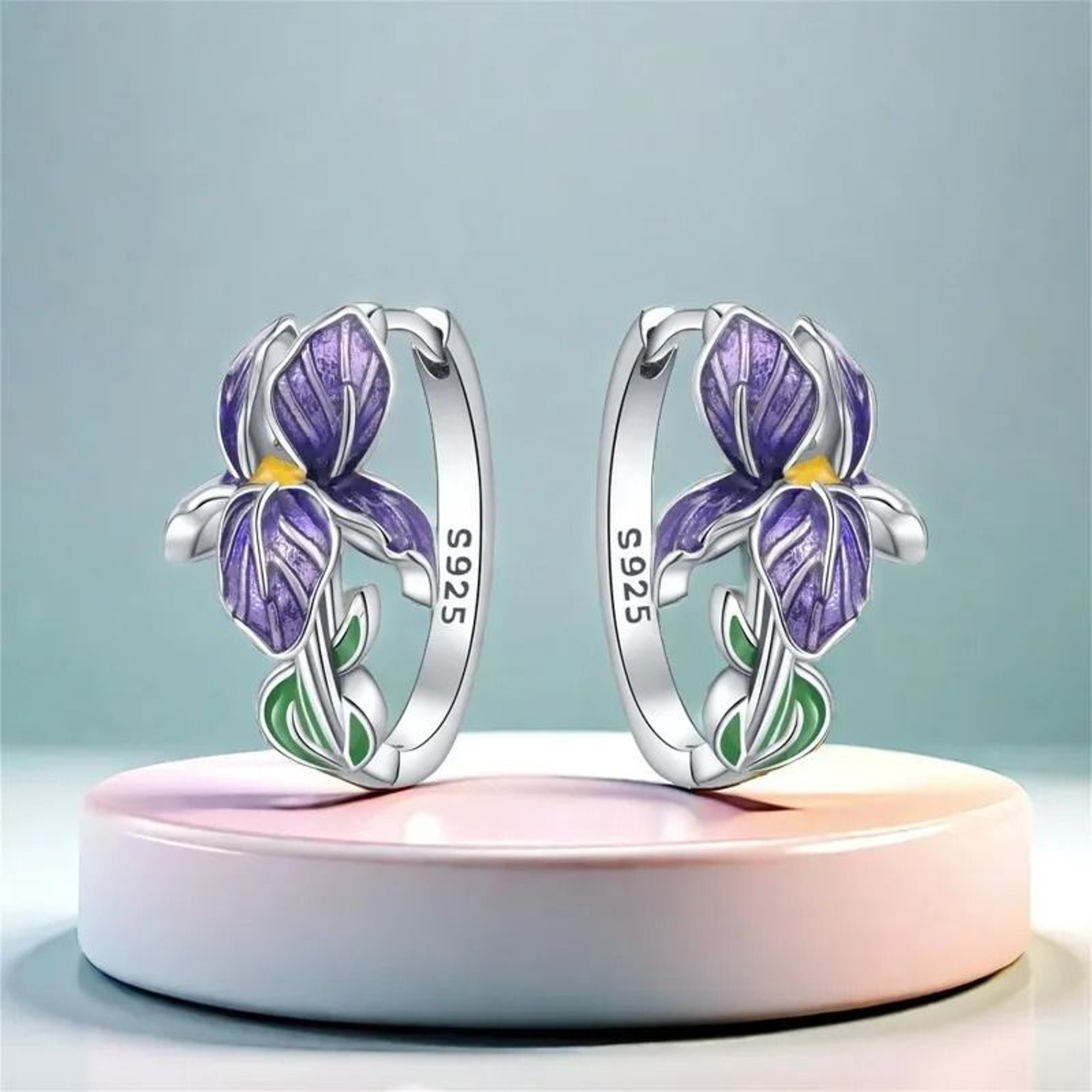 925 Sterling Silver Purple Iris Flower Drop Earrings 0