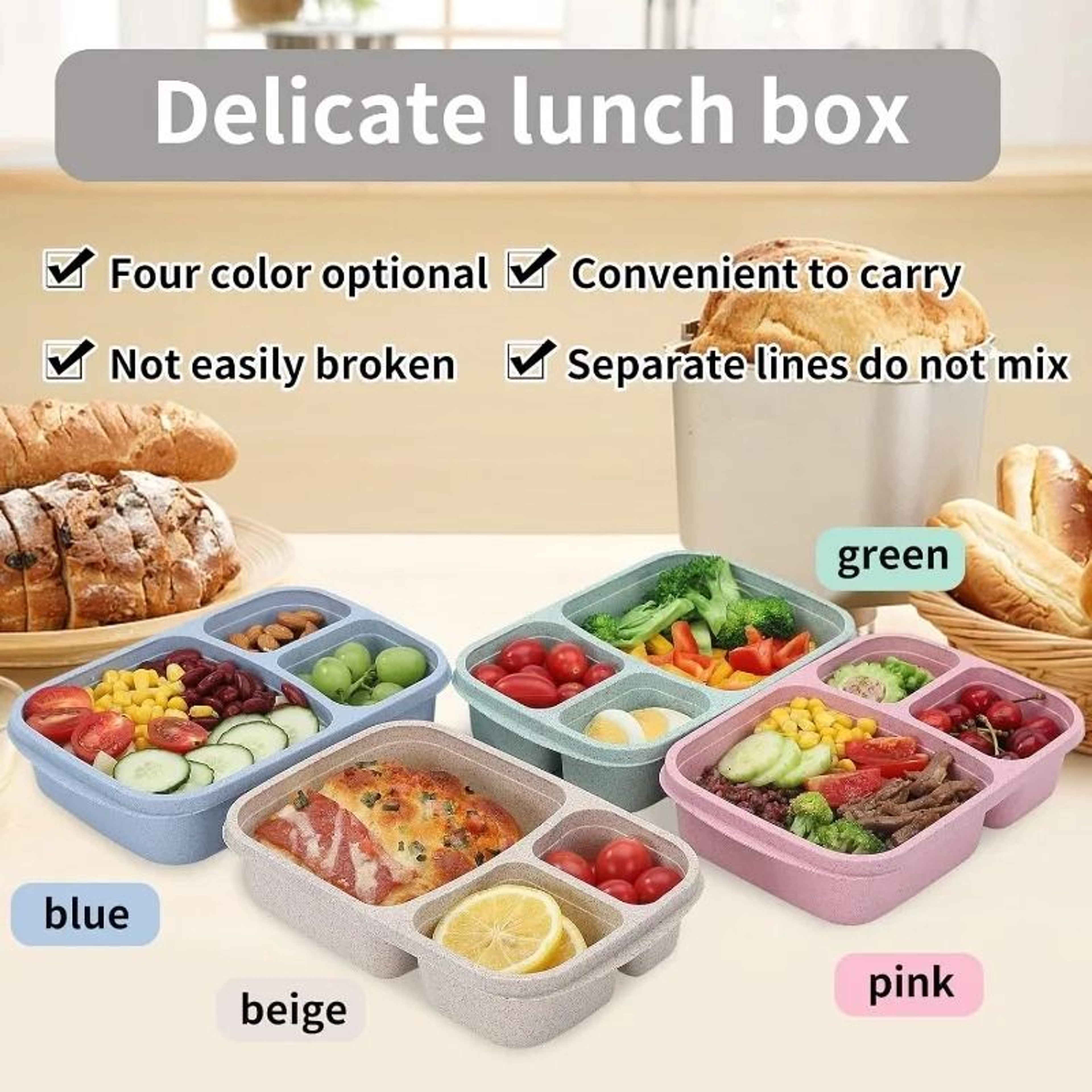 3Compartment Wheat Straw Lunch Box With Clear Lid 3