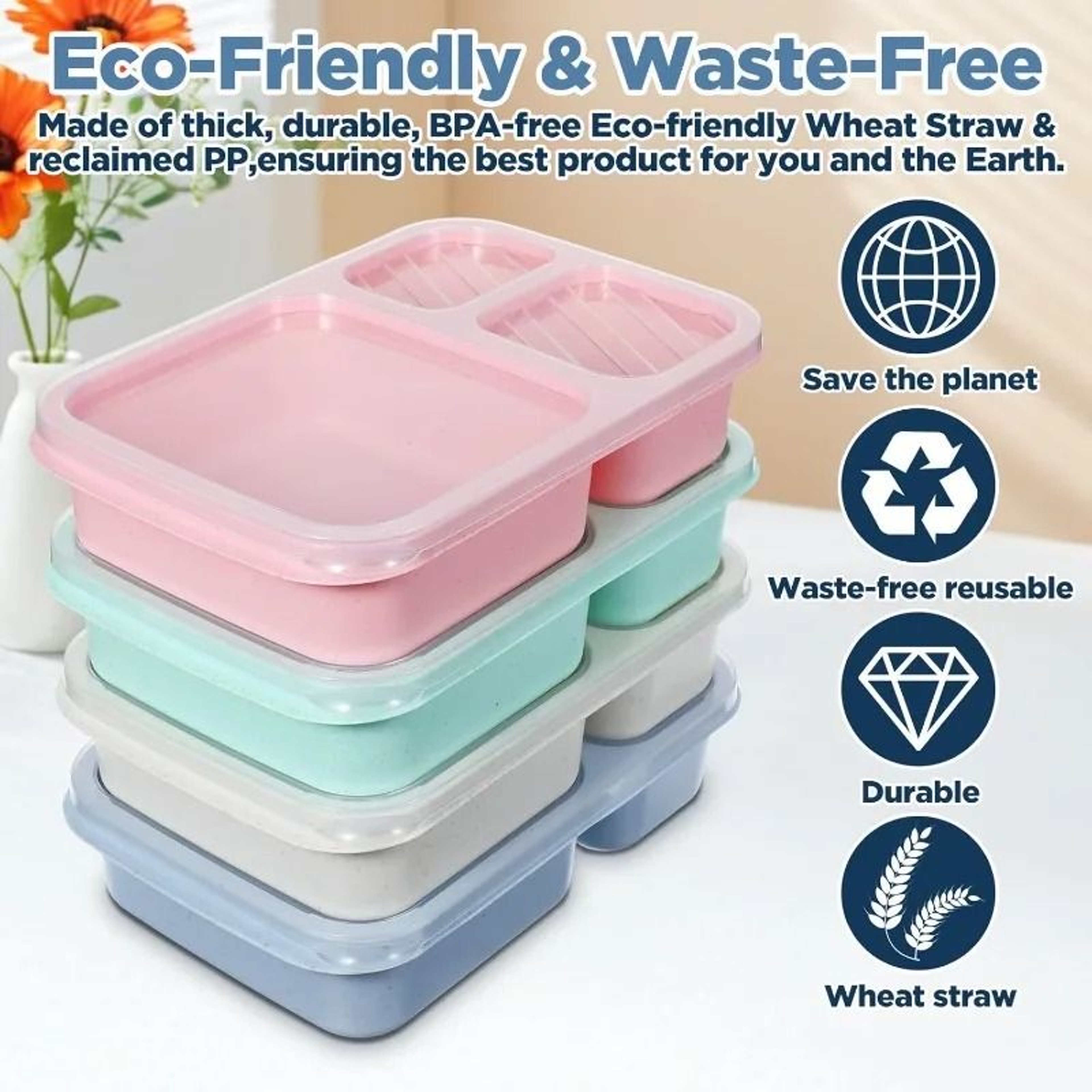 3Compartment Wheat Straw Lunch Box With Clear Lid 4