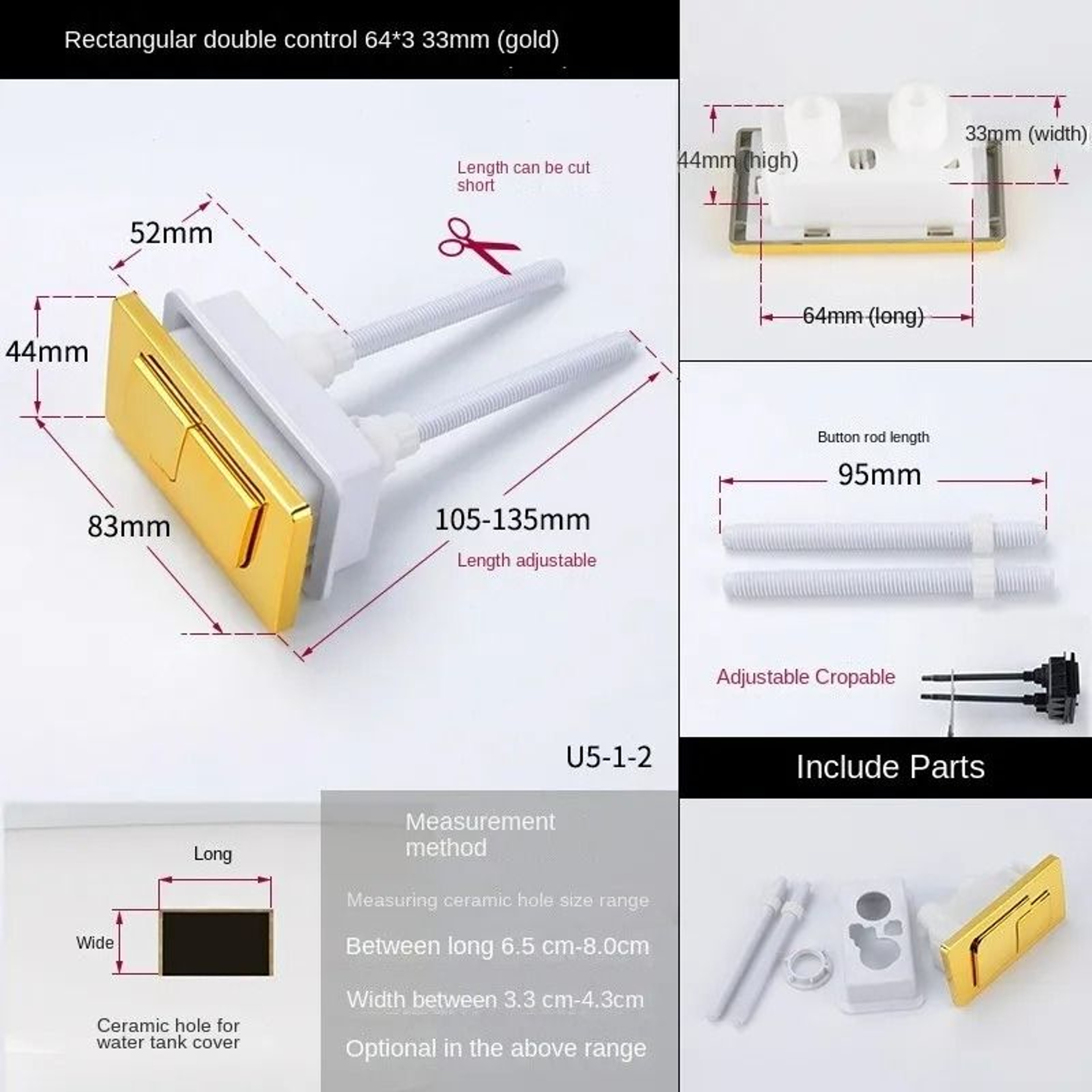 Rectangular Dual Flush Toilet Tank Push Button  Drain Switch 9