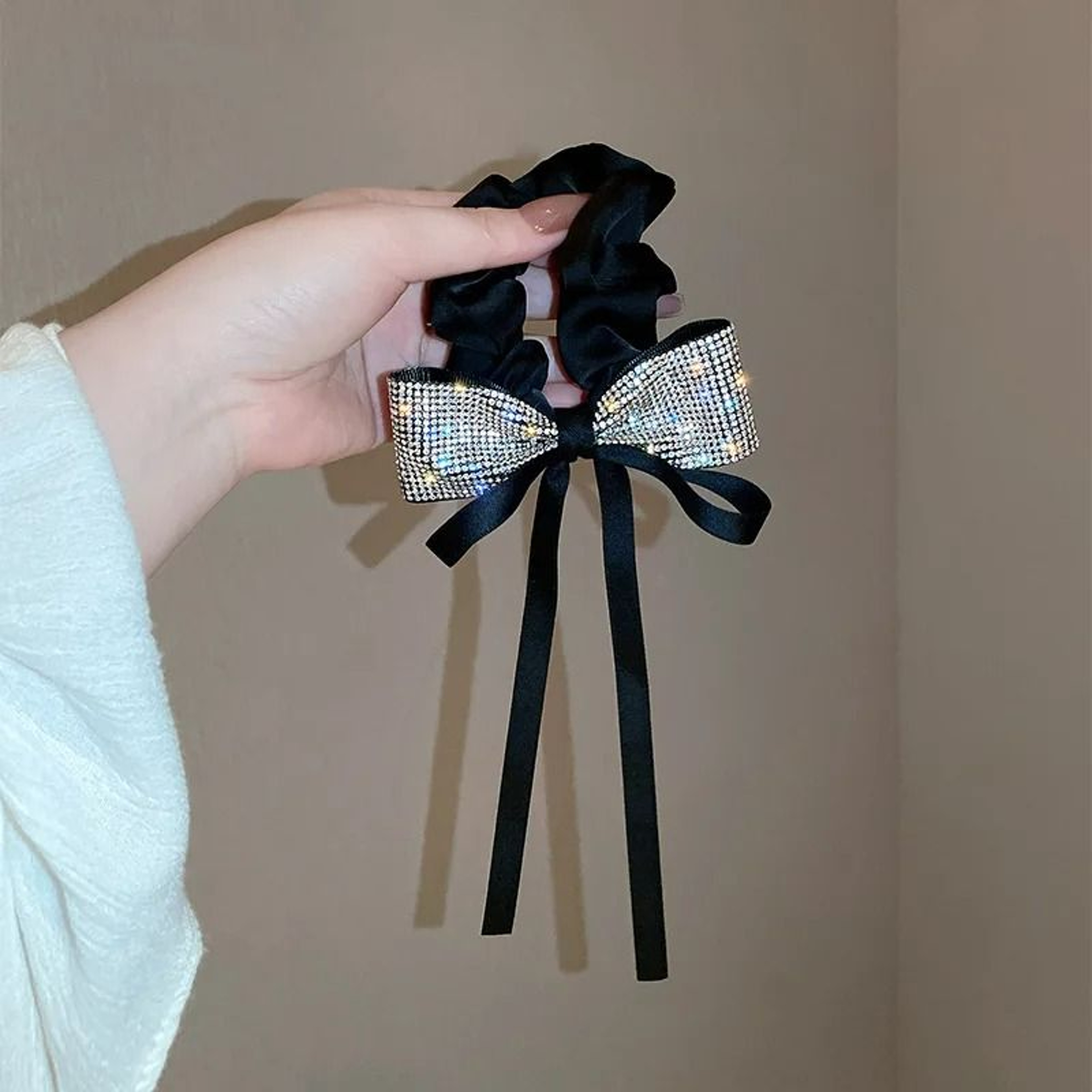 Rhinestone Bow Ribbon Scrunchie  Ponytail Holder 6