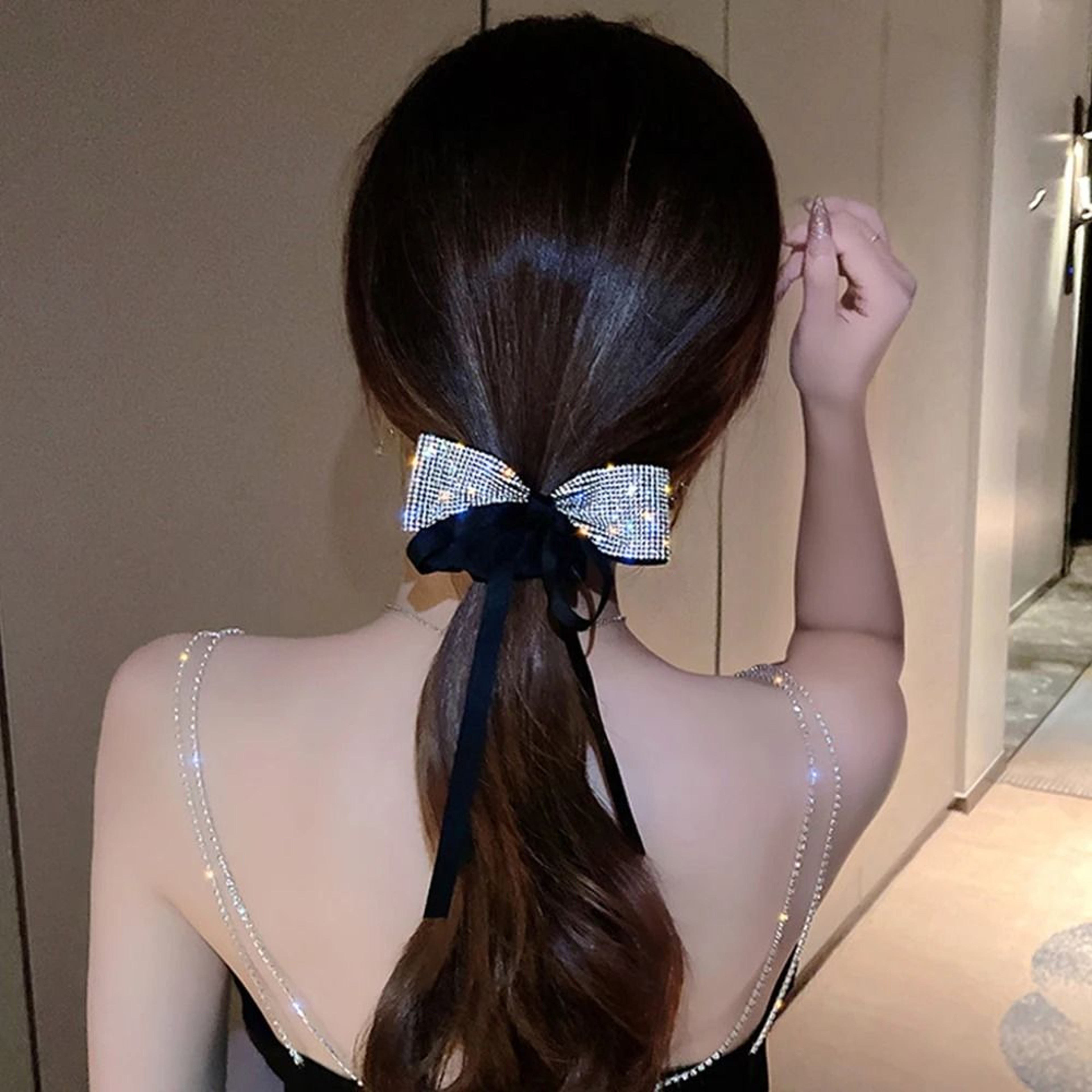 Rhinestone Bow Ribbon Scrunchie  Ponytail Holder 4
