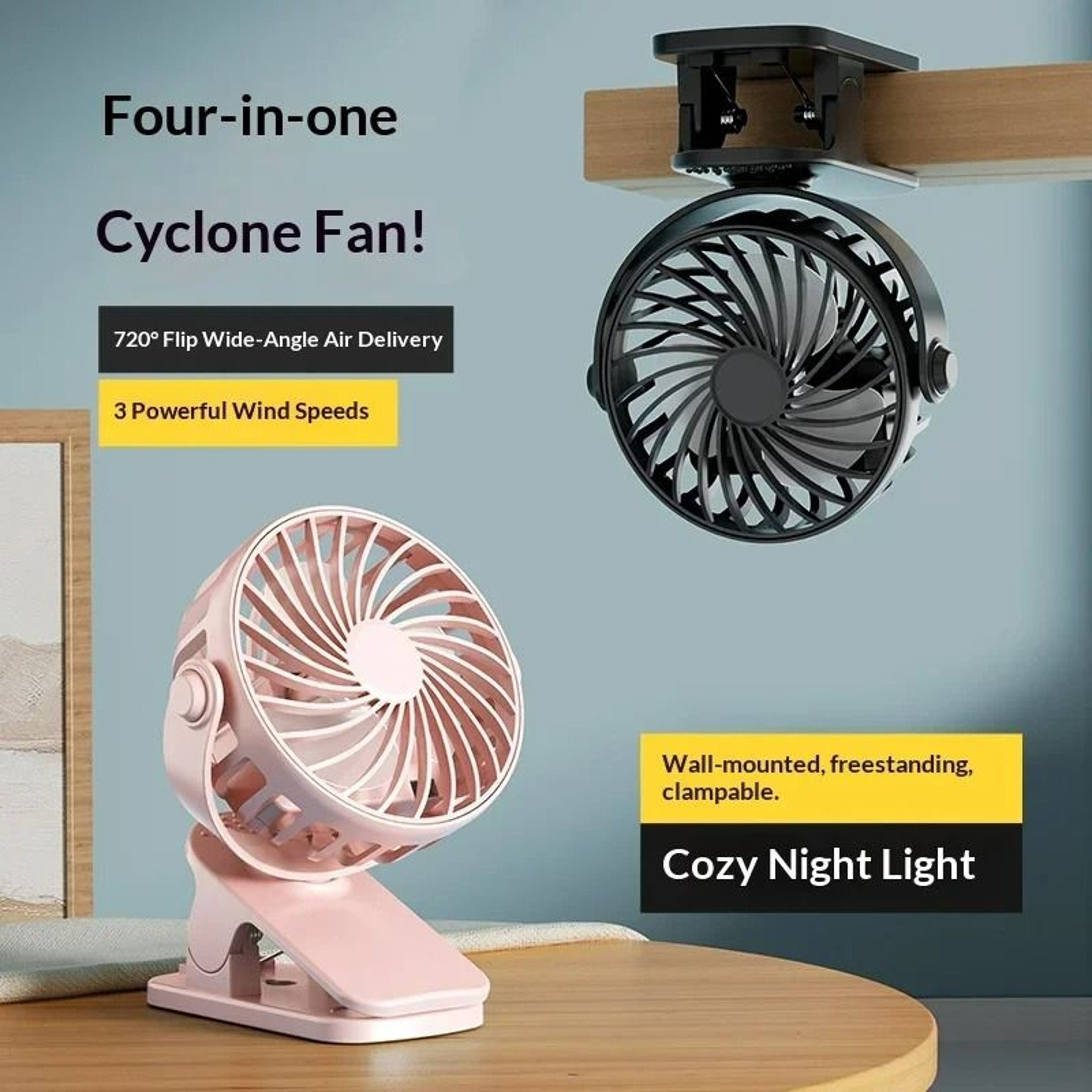 720 Rotatable Portable Rechargeable Clip  Hanging Fan With Integrated LED Night Light 2
