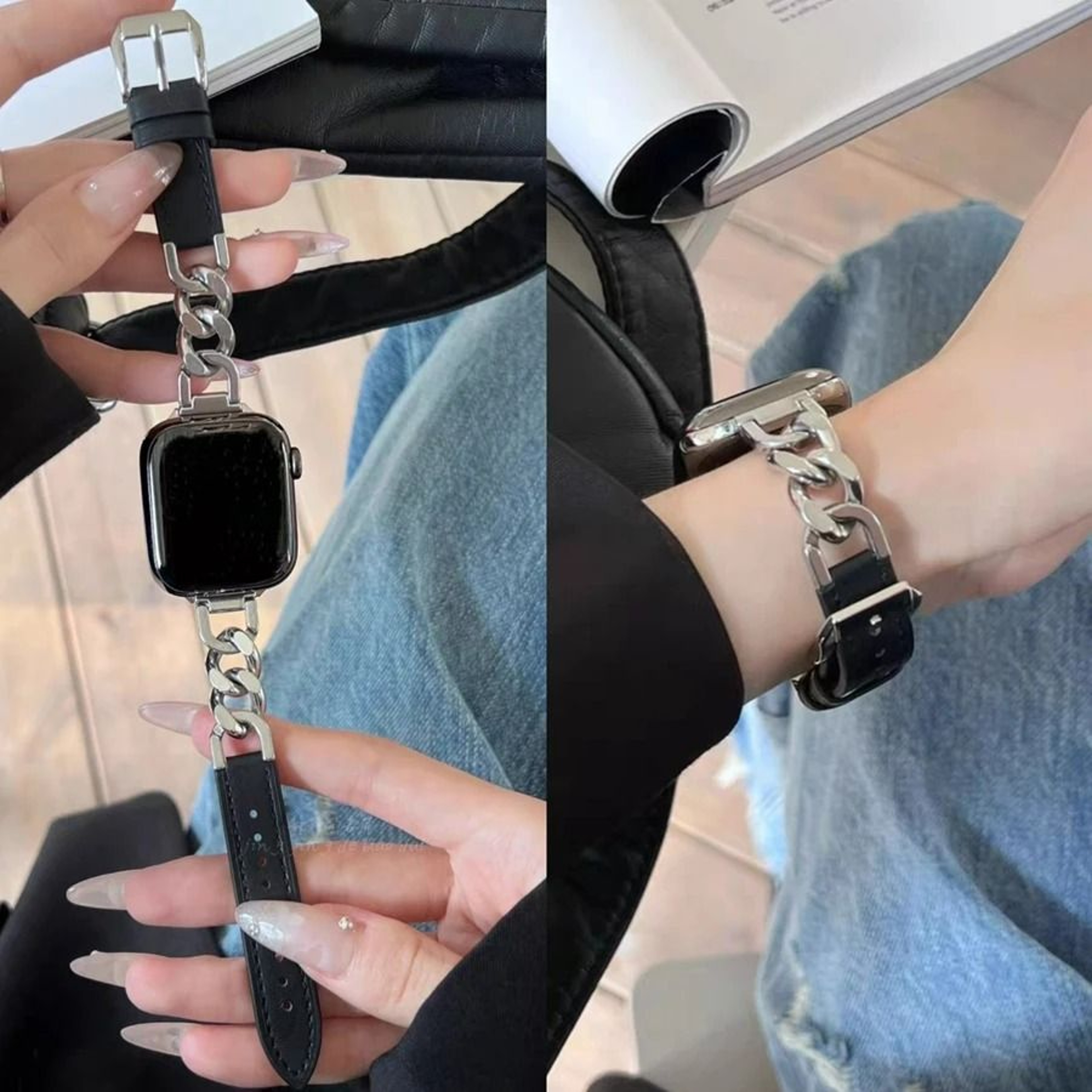Slim Metal Link Accent Leather Loop Strap For Apple Watch Series 1 Through 11  Ultra 4