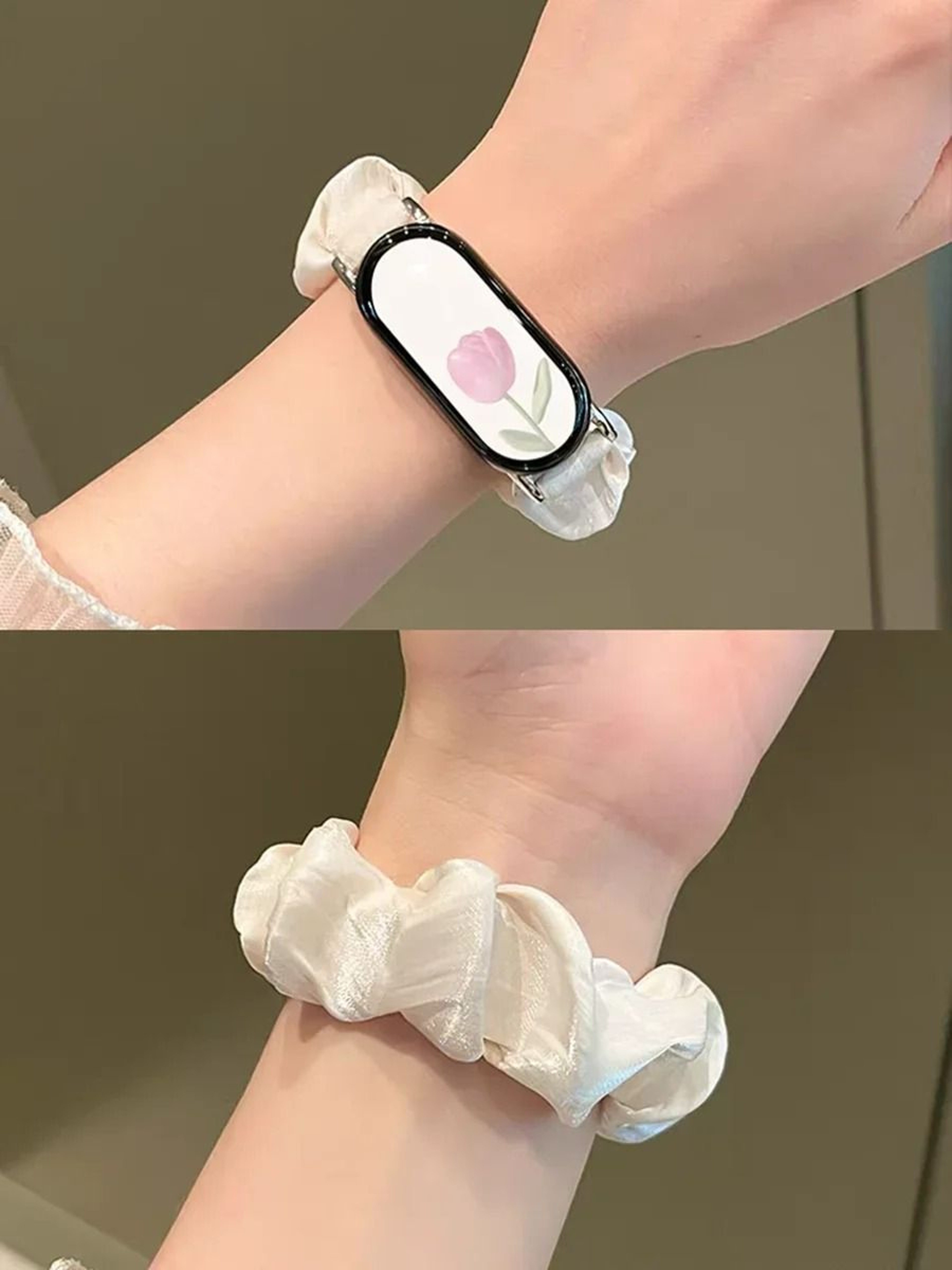 Chiffon Elastic Scrunchie  Leather Hybrid Loop Strap For Xiaomi Smart Band 8 9  10 1