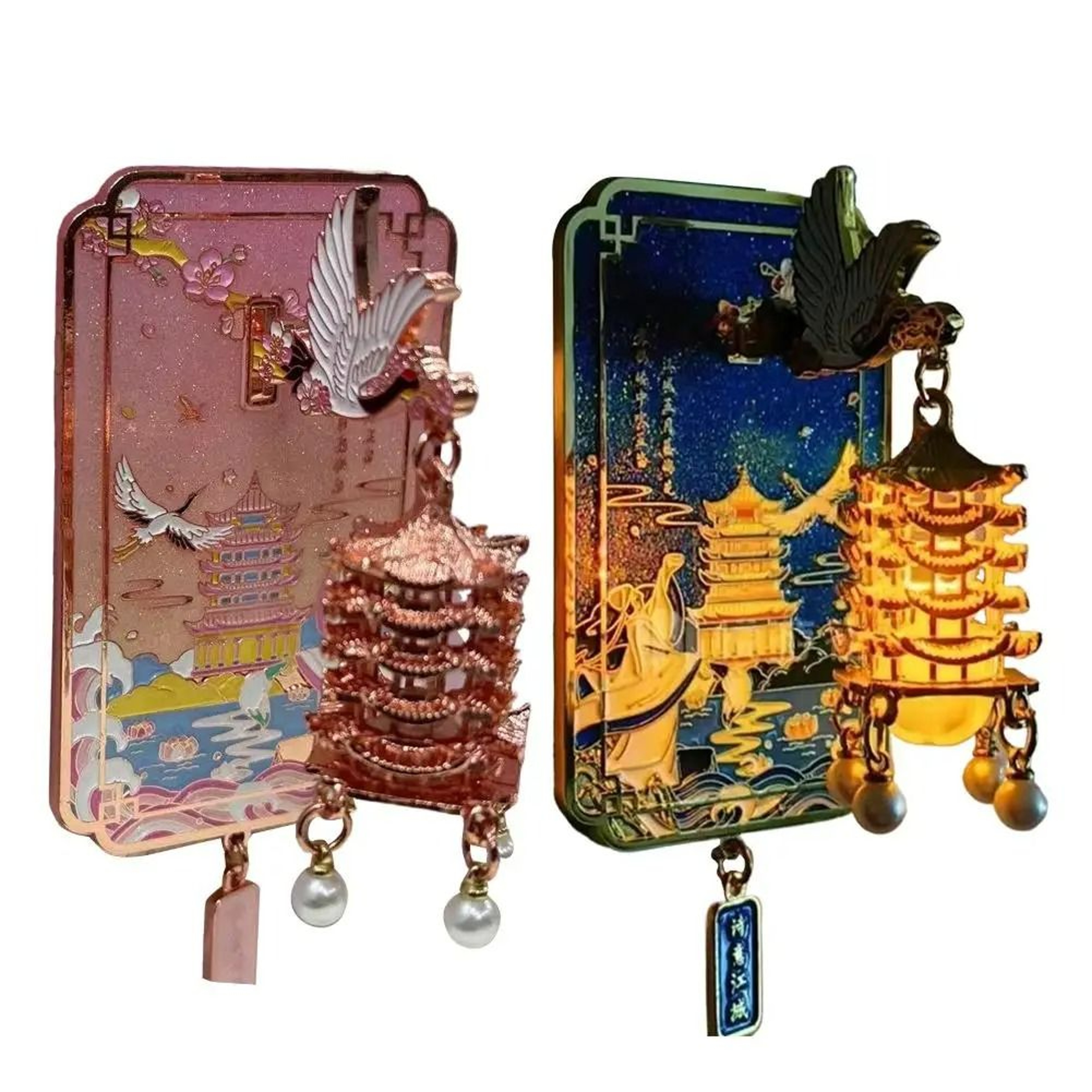 Chinese Cultural LED LightUp Metal Fridge Magnet Yellow Crane Tower  Cherry Blossom 4