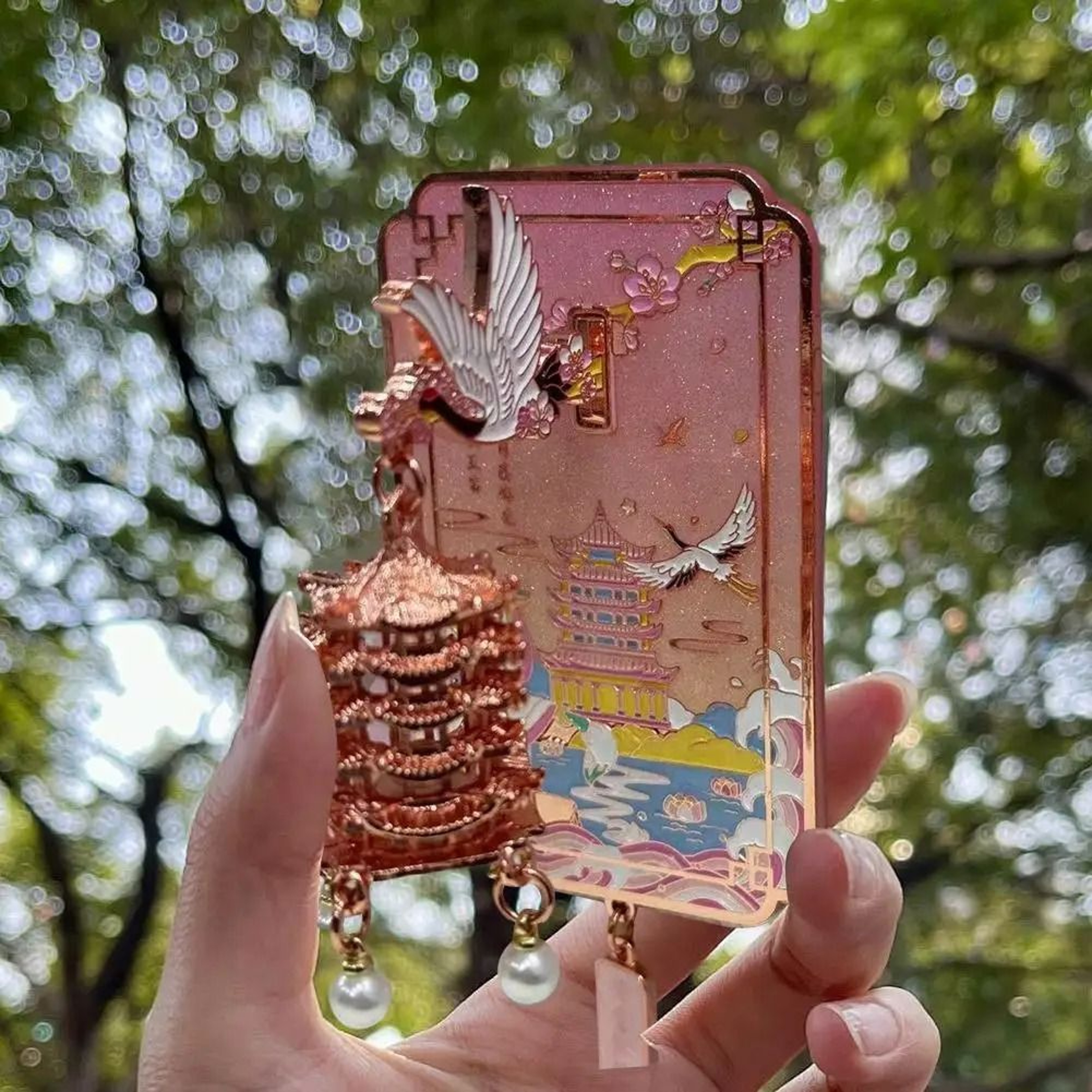 Chinese Cultural LED LightUp Metal Fridge Magnet Yellow Crane Tower  Cherry Blossom 1