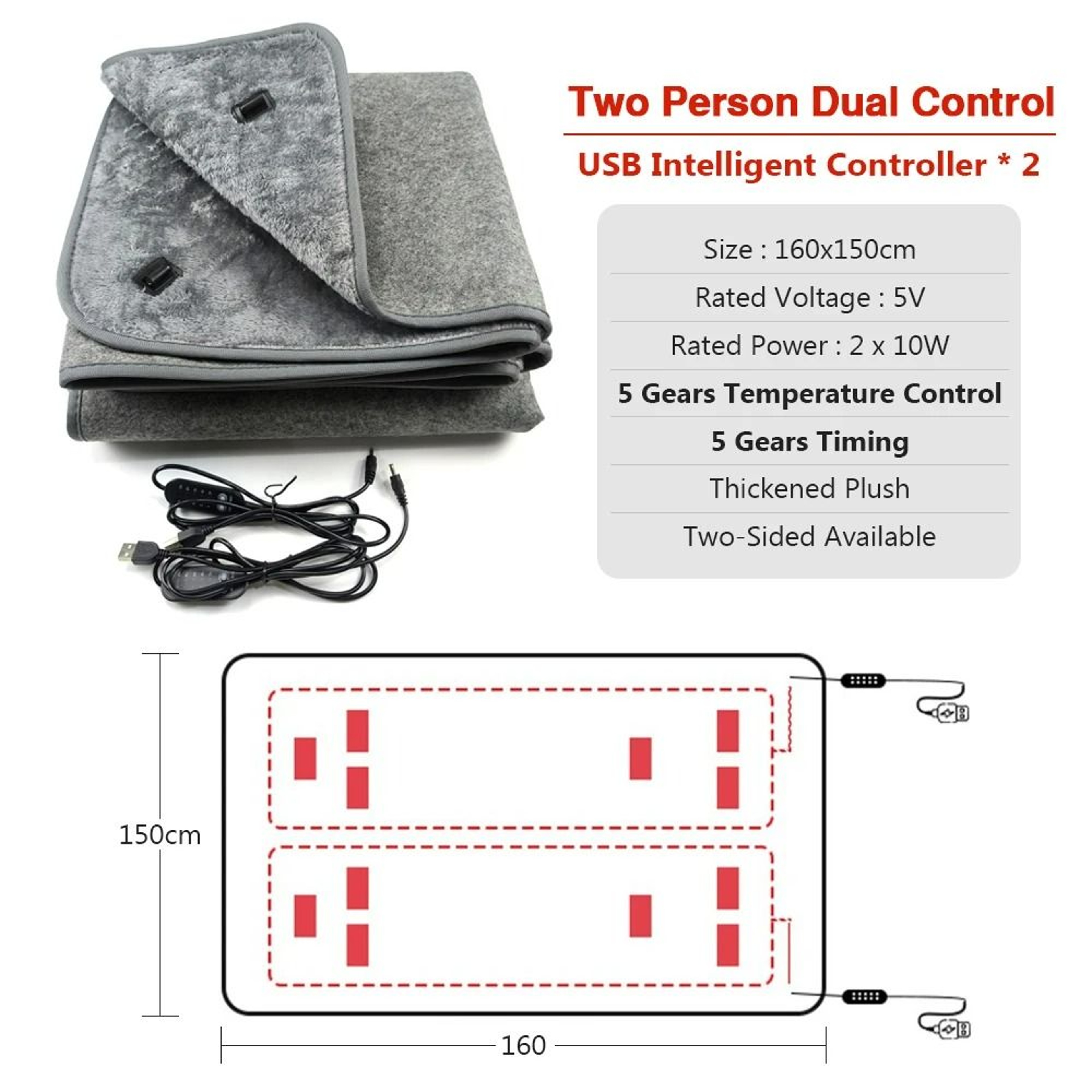 USB Electric Heating Blanket Plush Warm 5Speed Adjustable Heating Pad 5