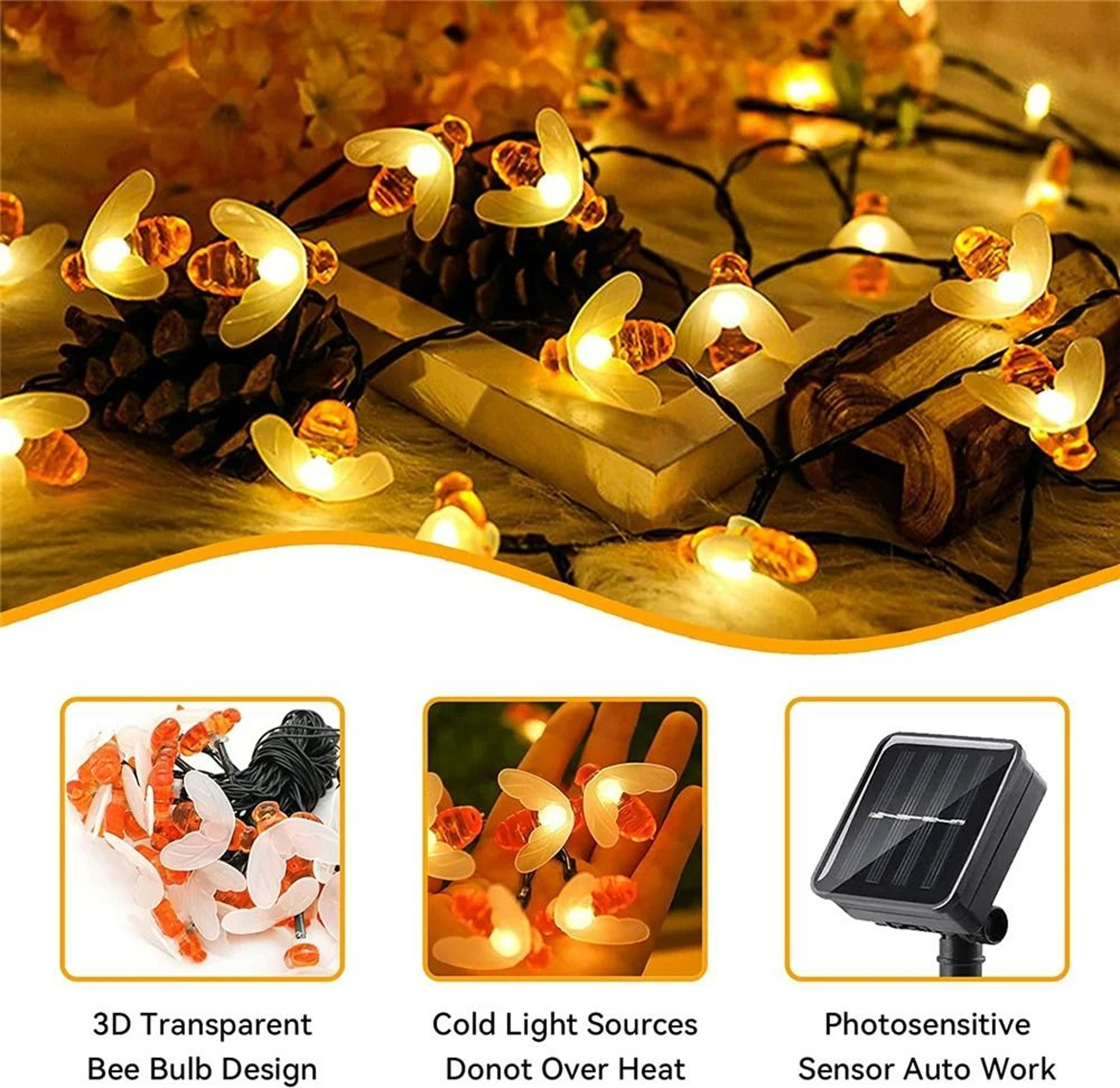 Outdoor Solar Honeybee LED Fairy String Lights 4