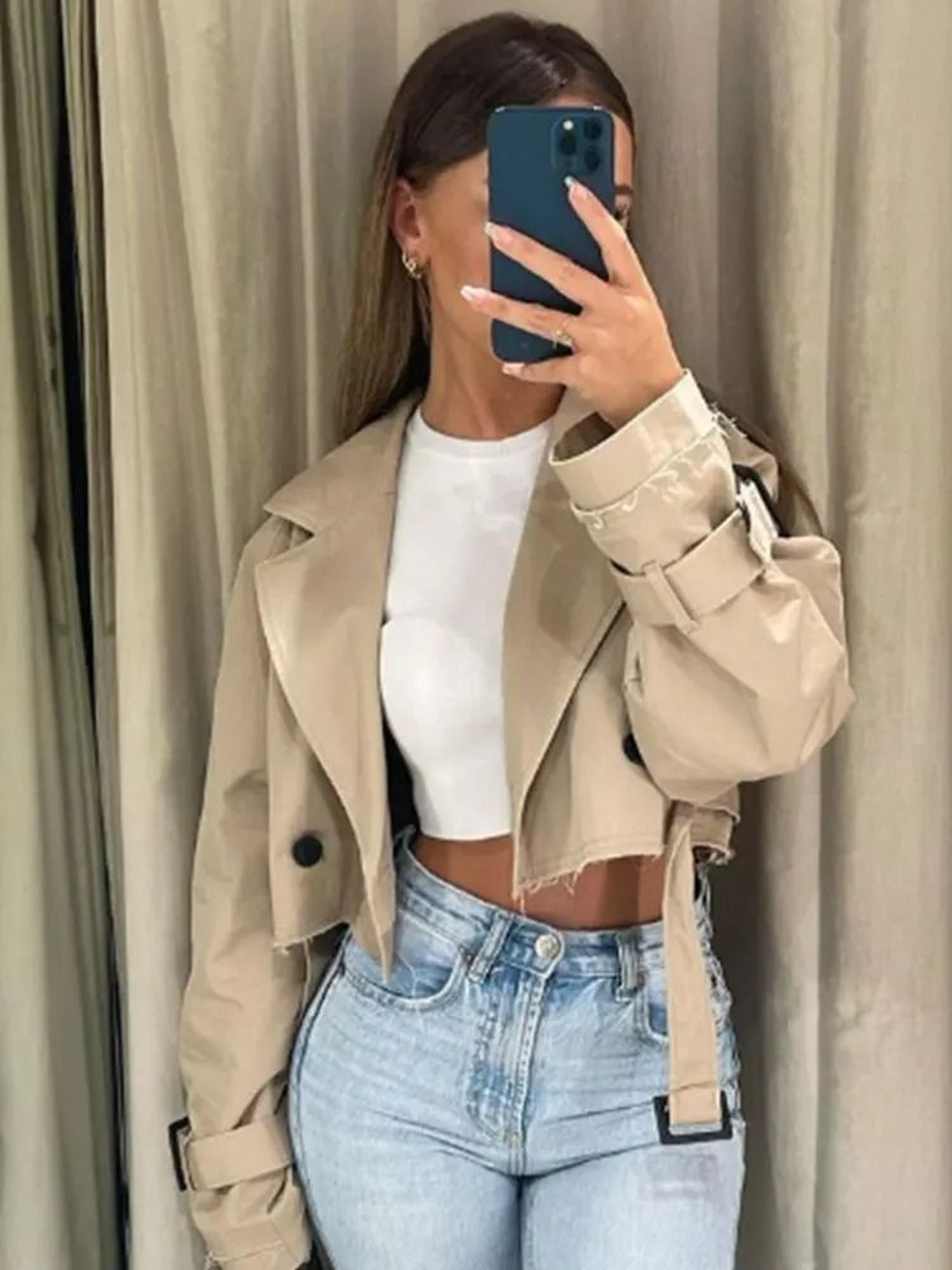 DoubleBreasted Belted Cropped Trench Jacket 0