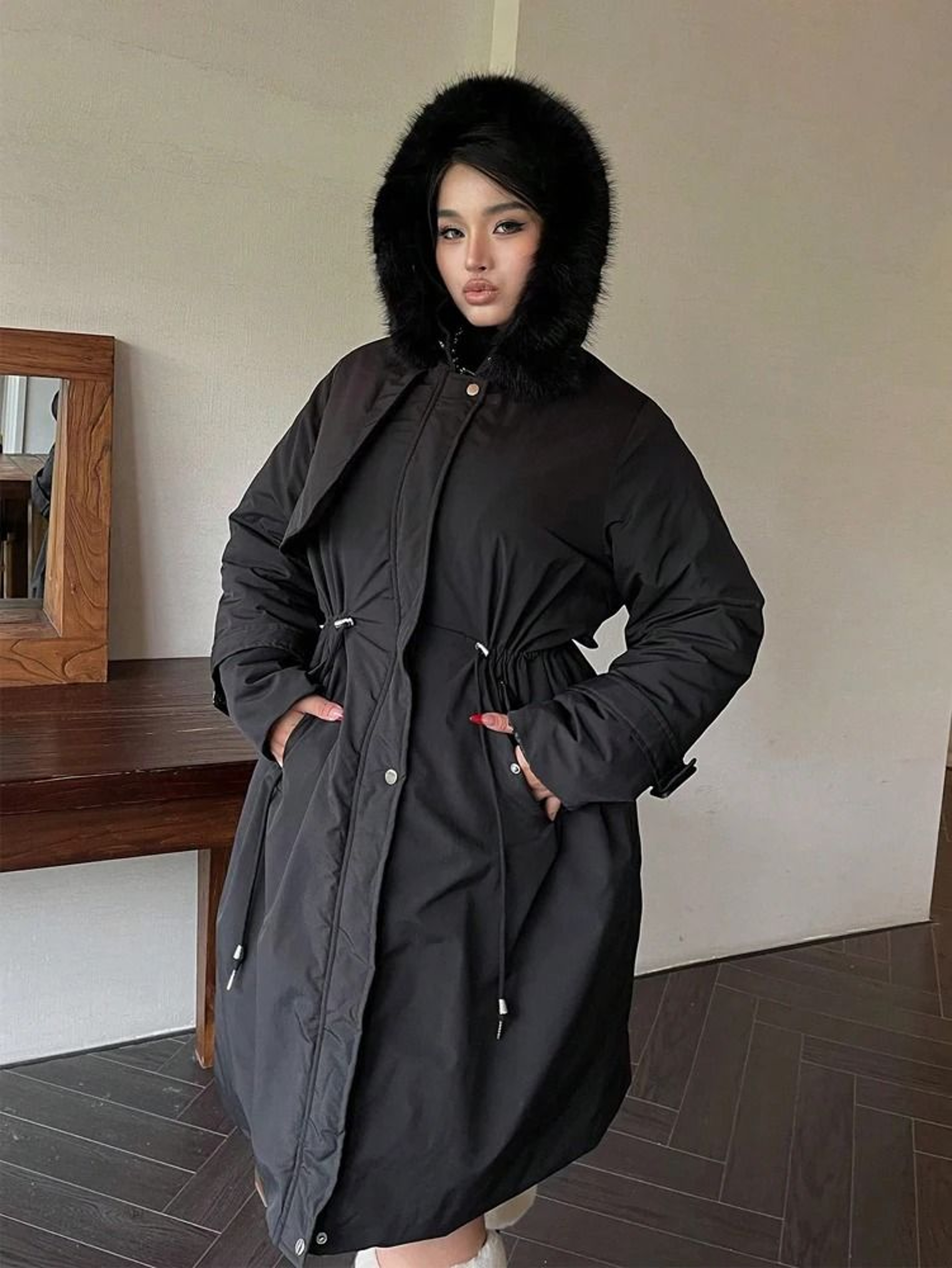 Plus Size Womens Hooded Plush Windproof Thickened Parka 5