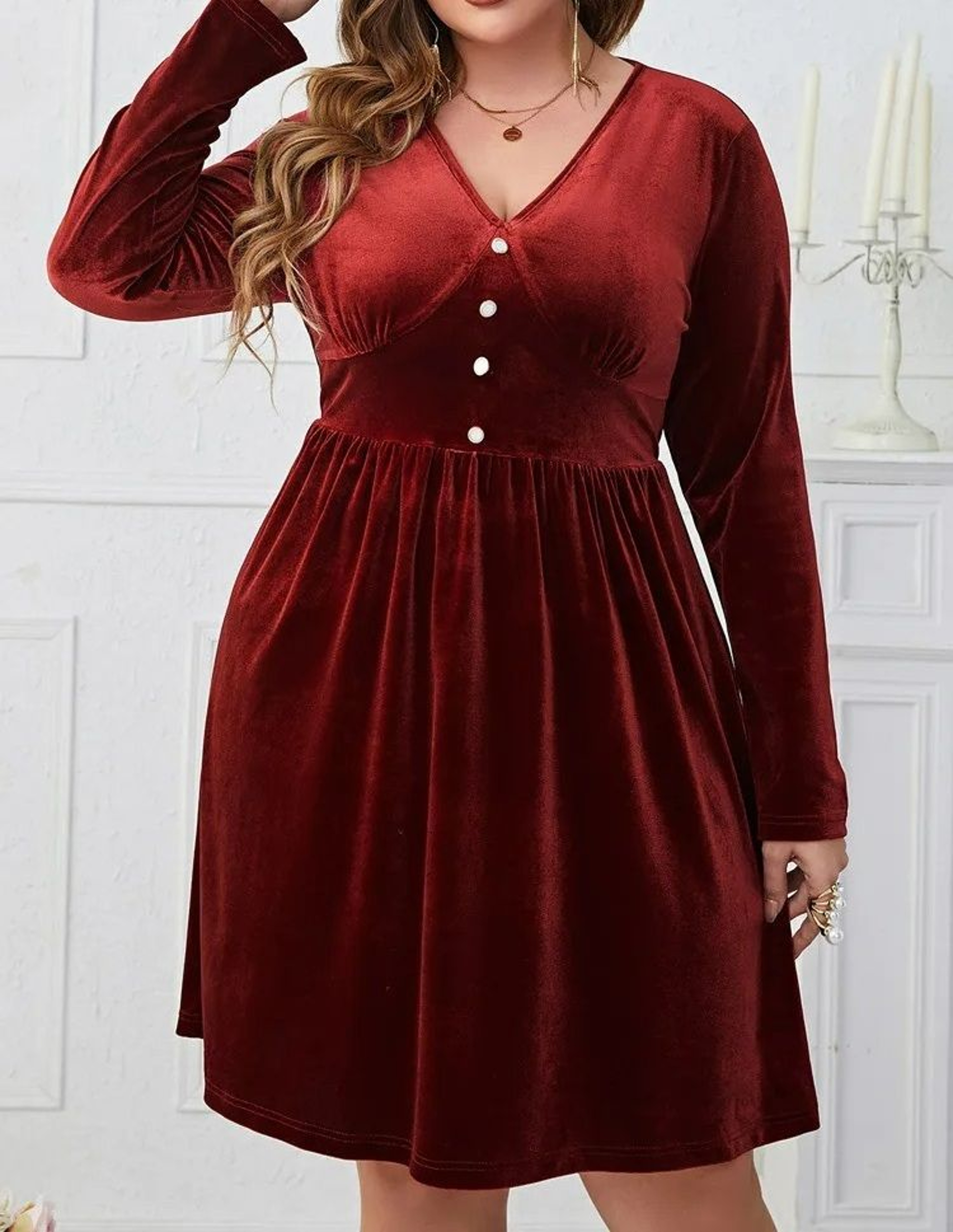 Womens Elegant Red Plus Size Velvet VNeck Dress 2