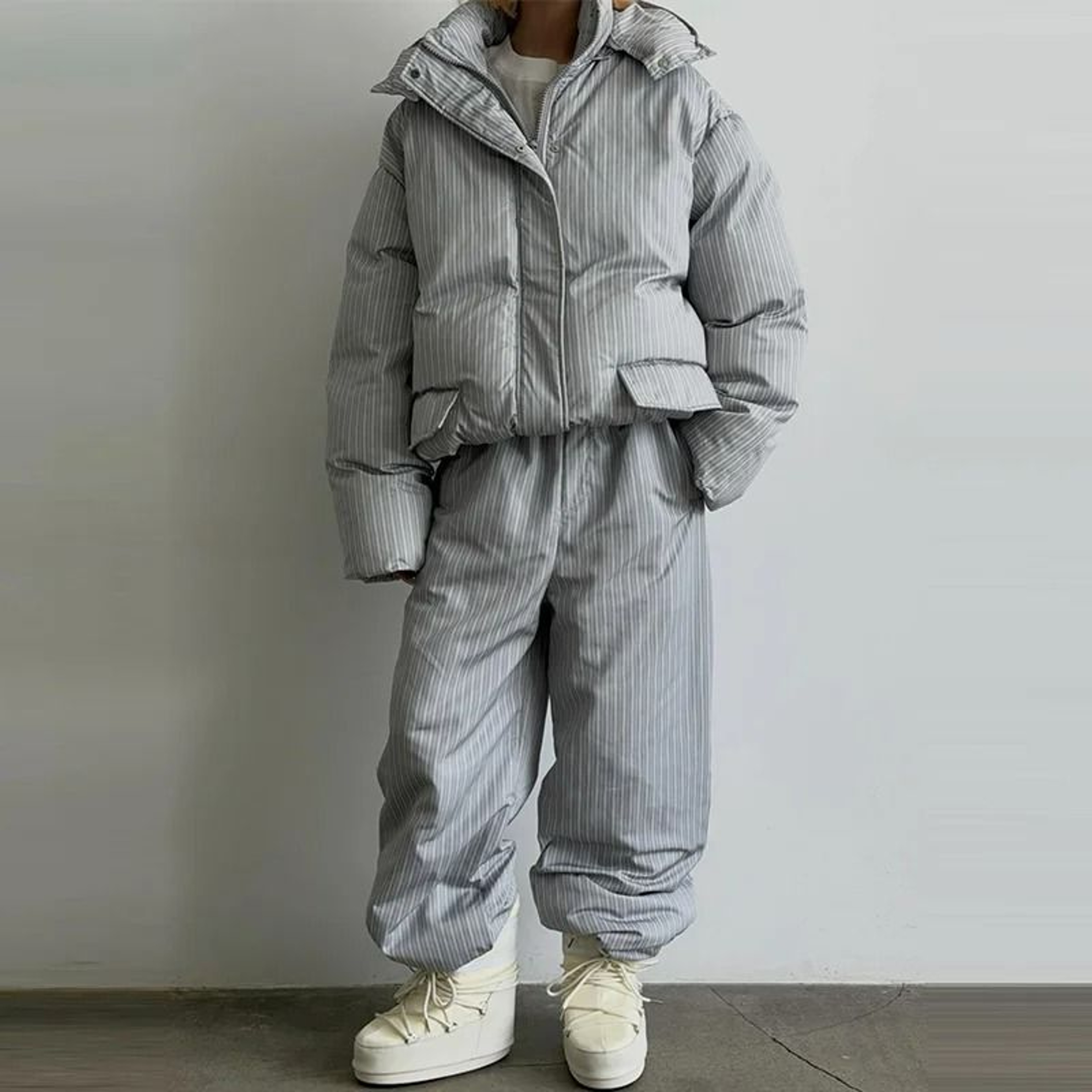 Womens Stand Collar Hooded Quilted Coat  Long Pants Set 4