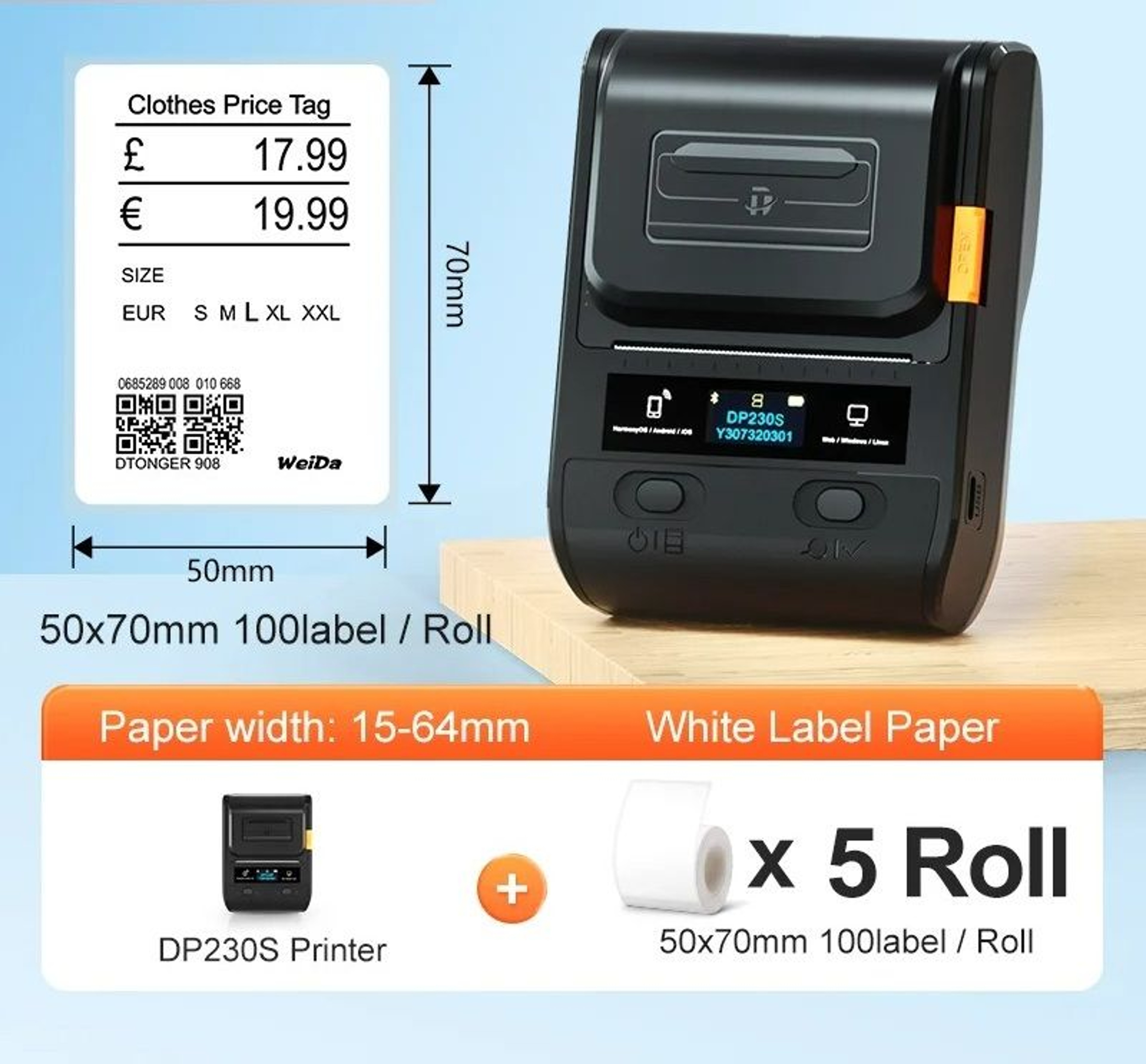 Wireless Thermal Label Printer Kit 1564mm  059252 In  5 Rolls Included 12