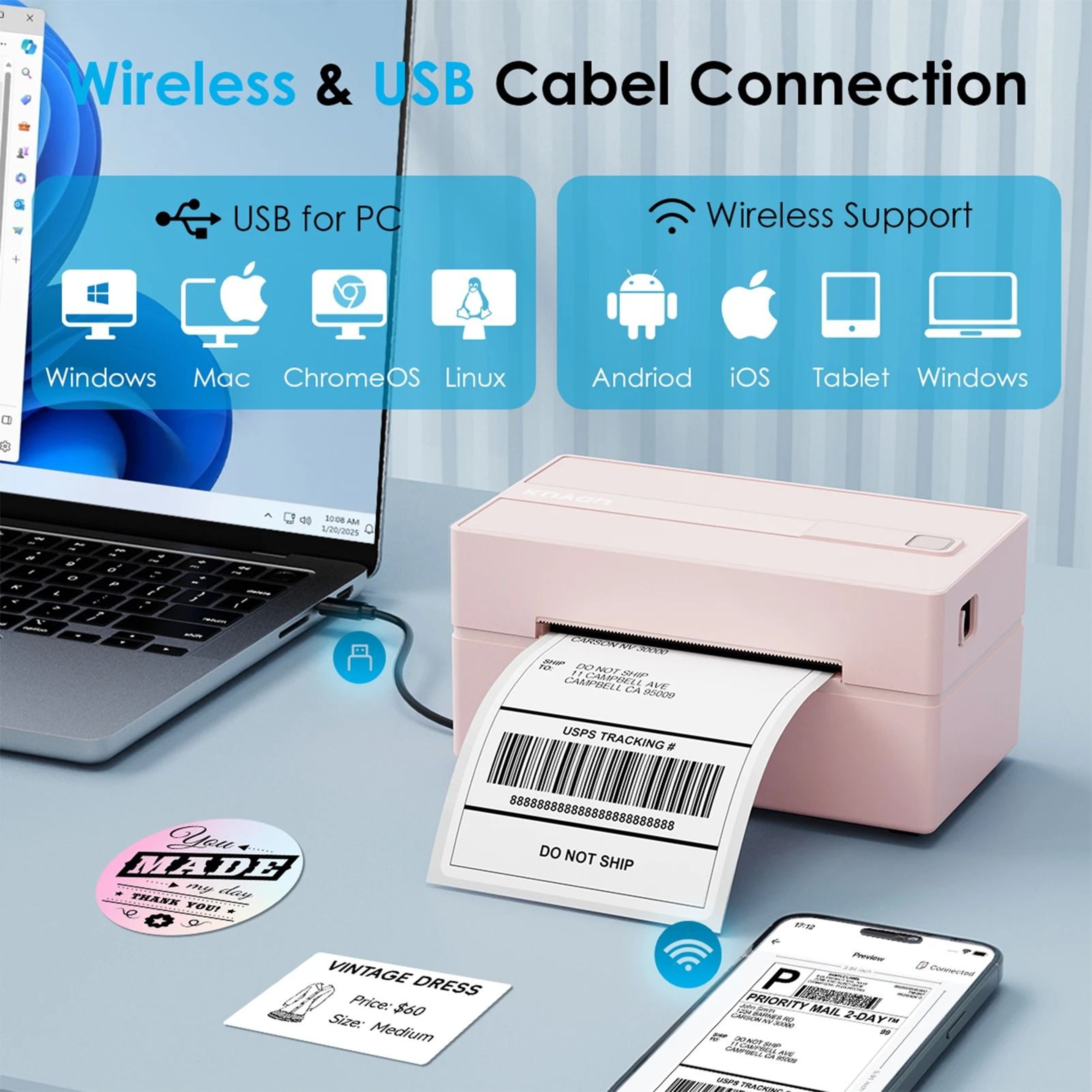 Wireless 4x6 Thermal Shipping Label Printer HighSpeed Output 1
