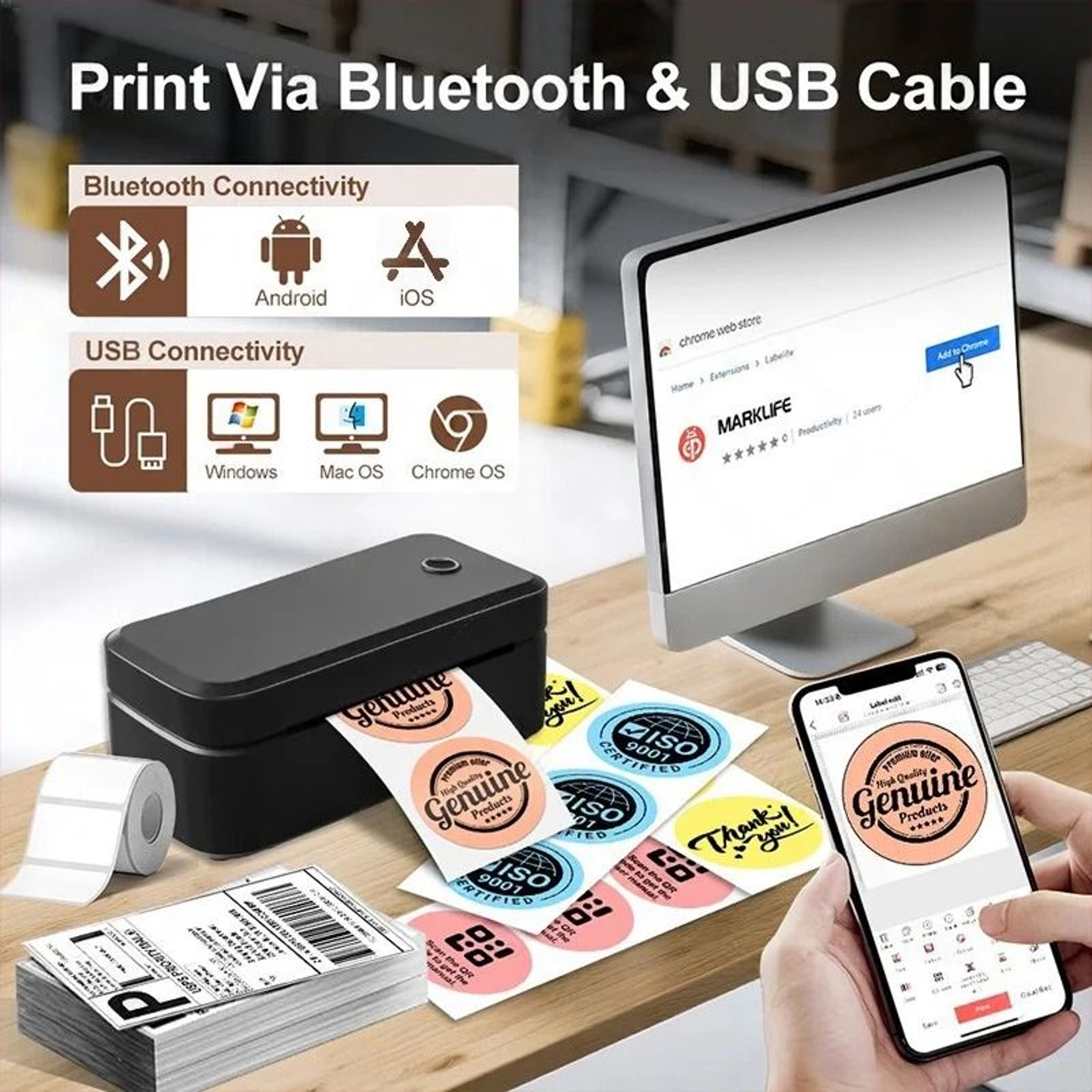 4 In Wireless Bluetooth Desktop Thermal Shipping Label Printer 4