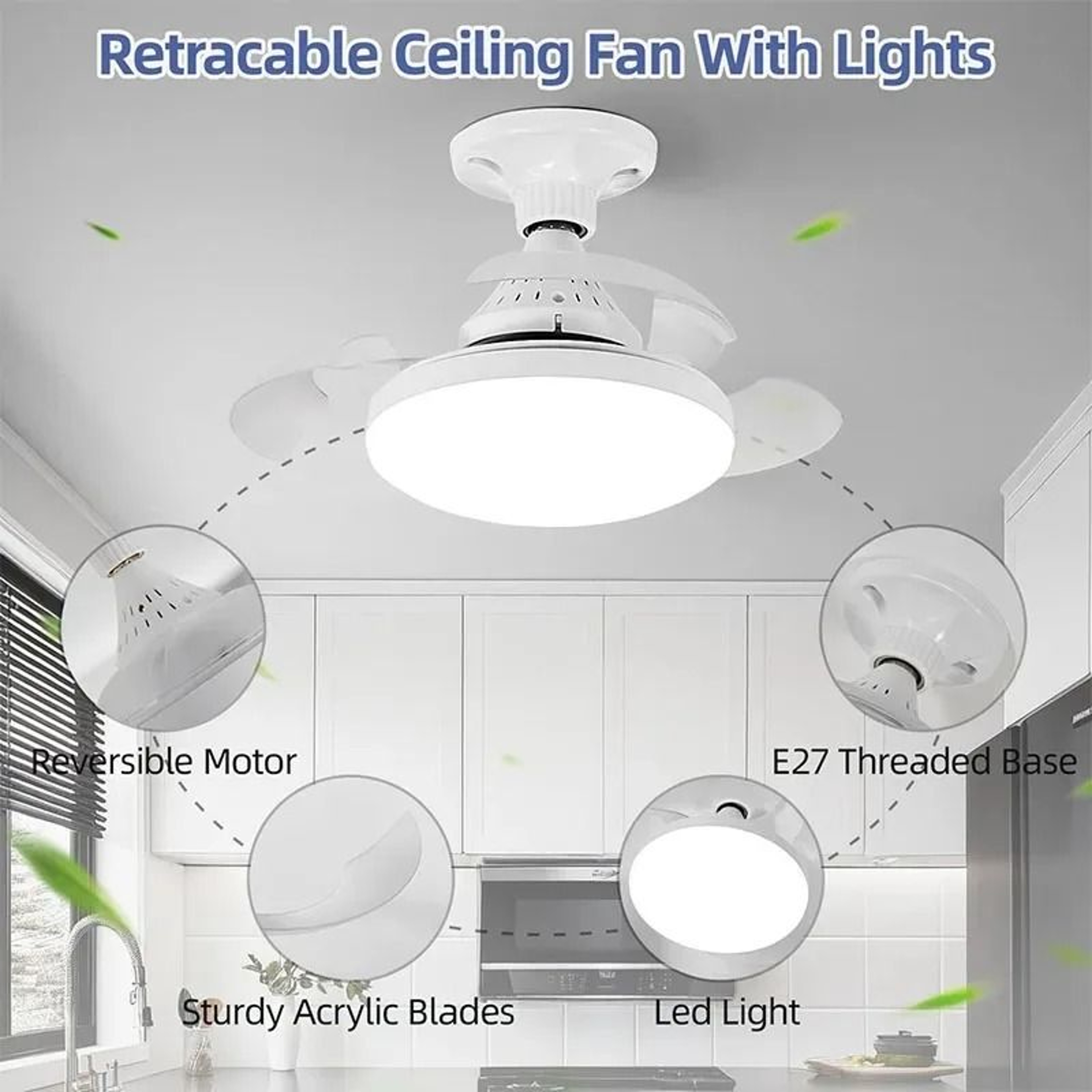 E27 Socket Retractable Blade LED Ceiling Fan Light With Remote Control 3