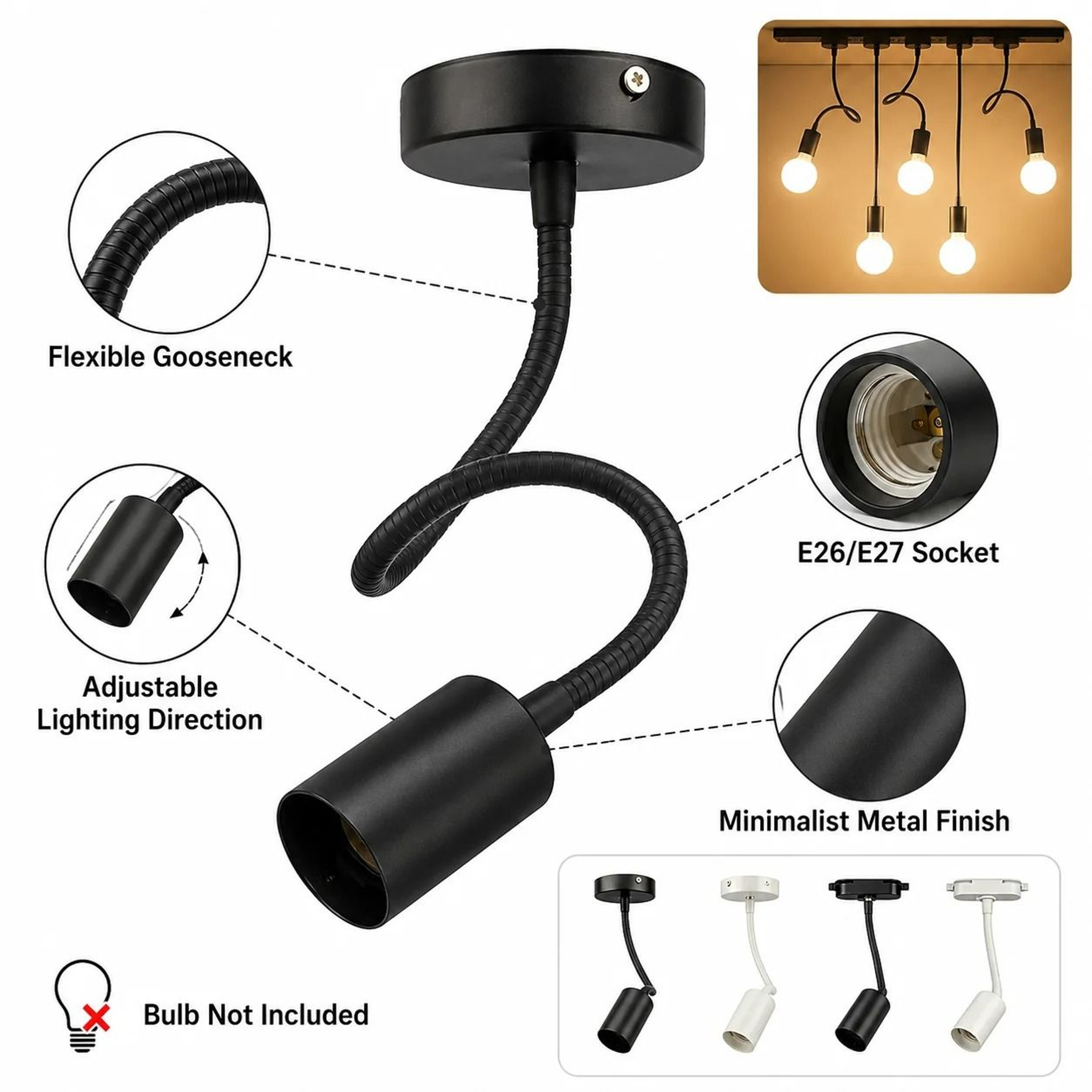 Adjusted Gooseneck Rail LED Track Lighting Fixture E26  E27 Base No Bulb 1