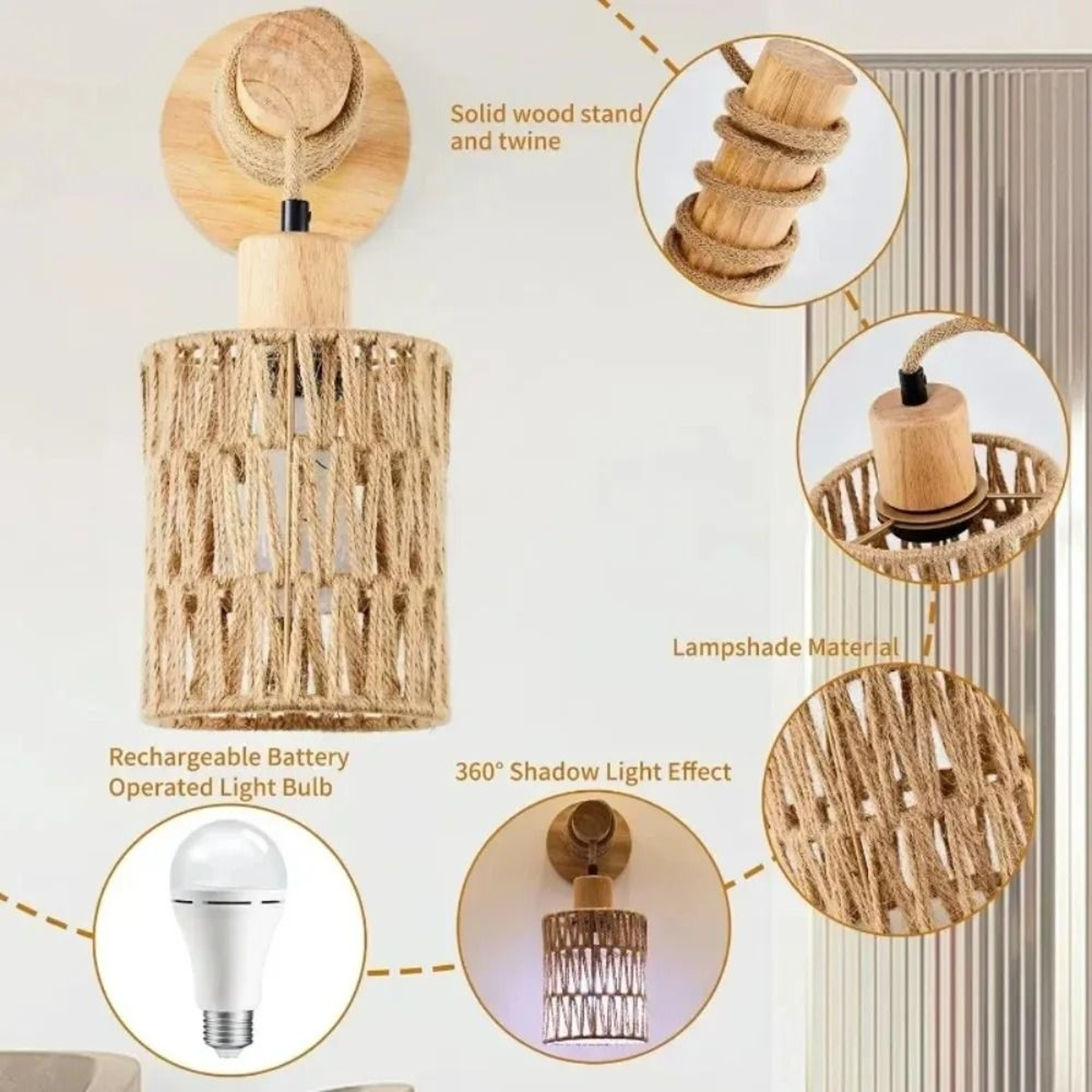 Chinese Style HandWoven Paper Rope LED Wall Lamp 3