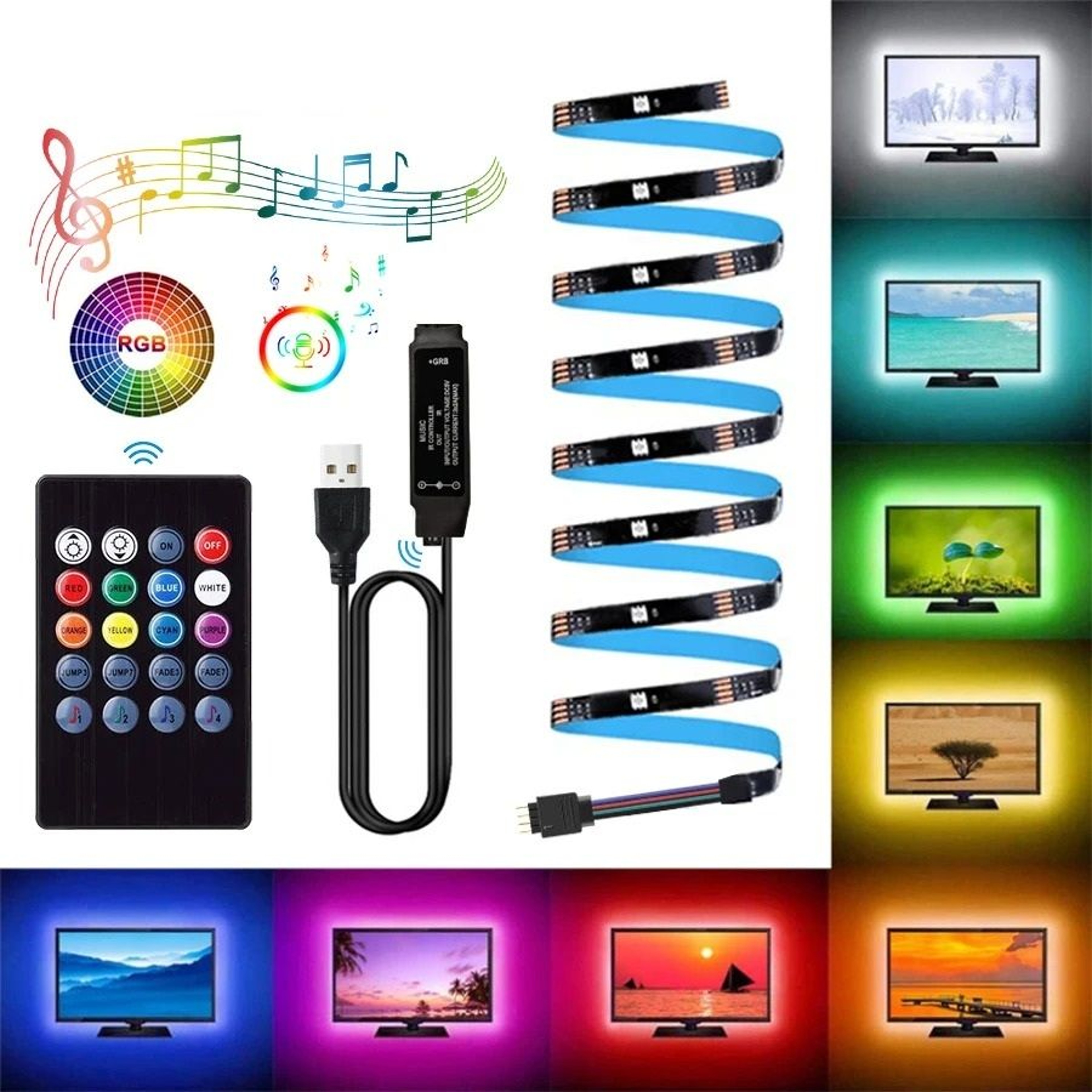 Flexible 5050 USB RGB LED Strip Light With Sound Sensor 0