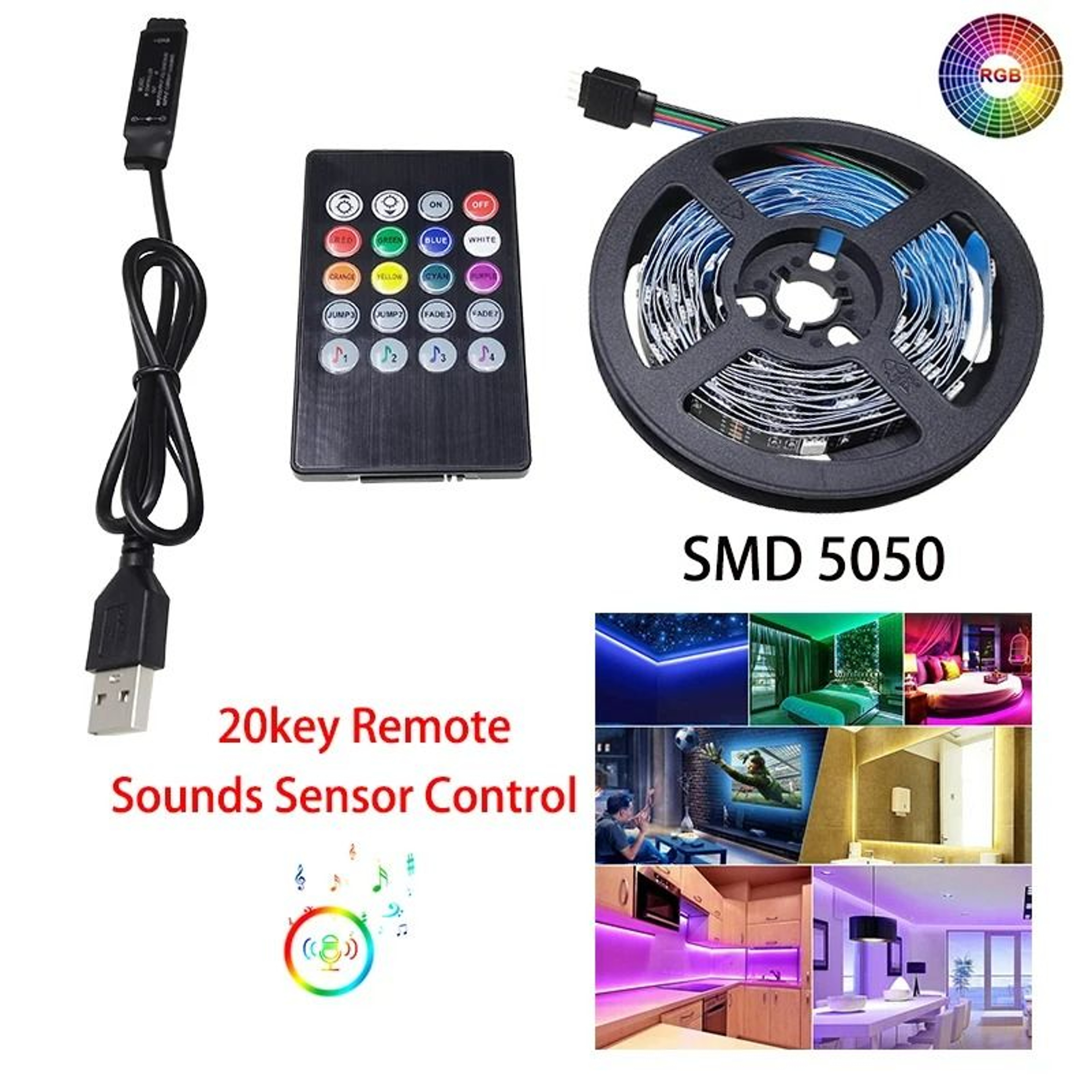 Flexible 5050 USB RGB LED Strip Light With Sound Sensor 6