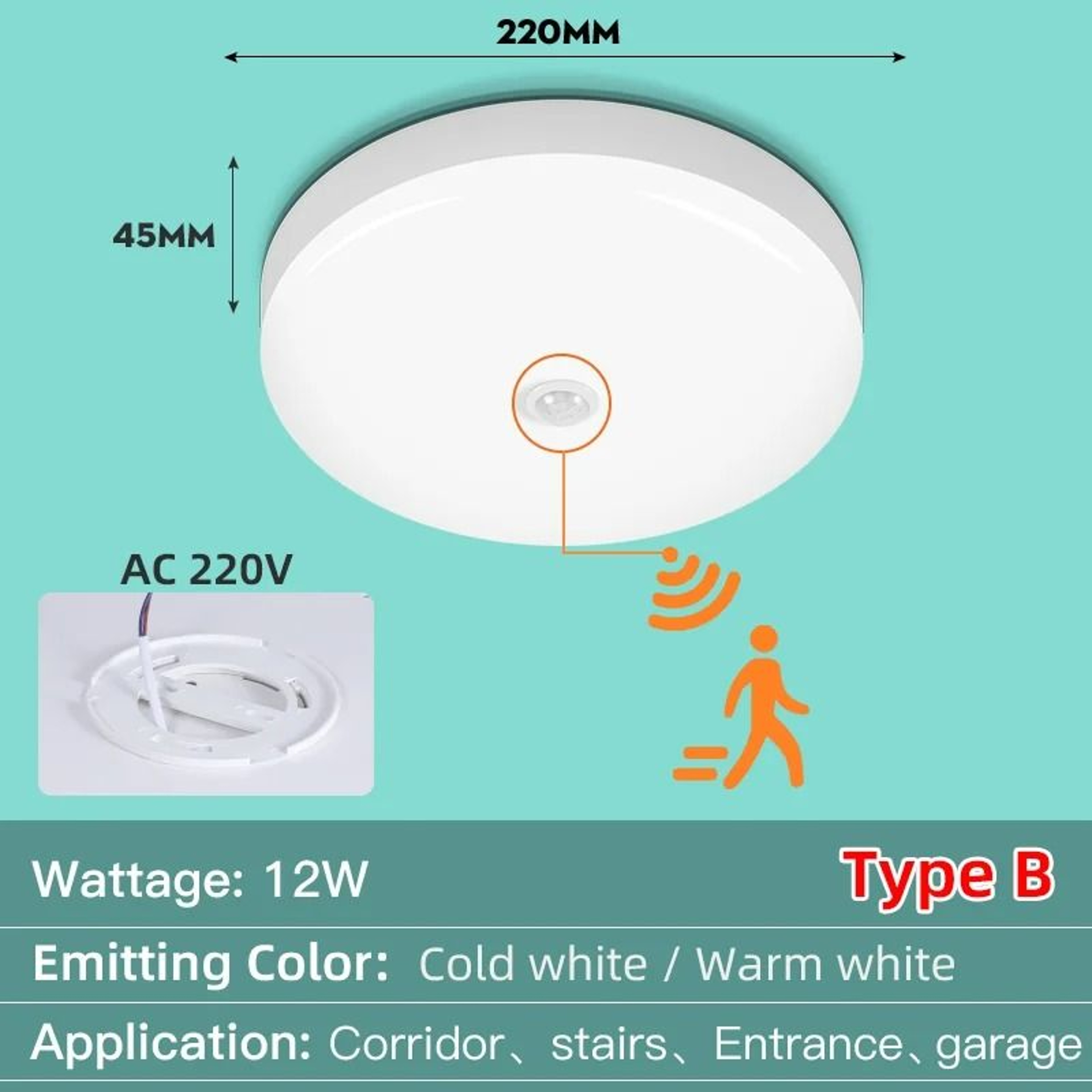 Motion Sensor LED Ceiling Light IP44 Waterproof Smart Night Lamp 8
