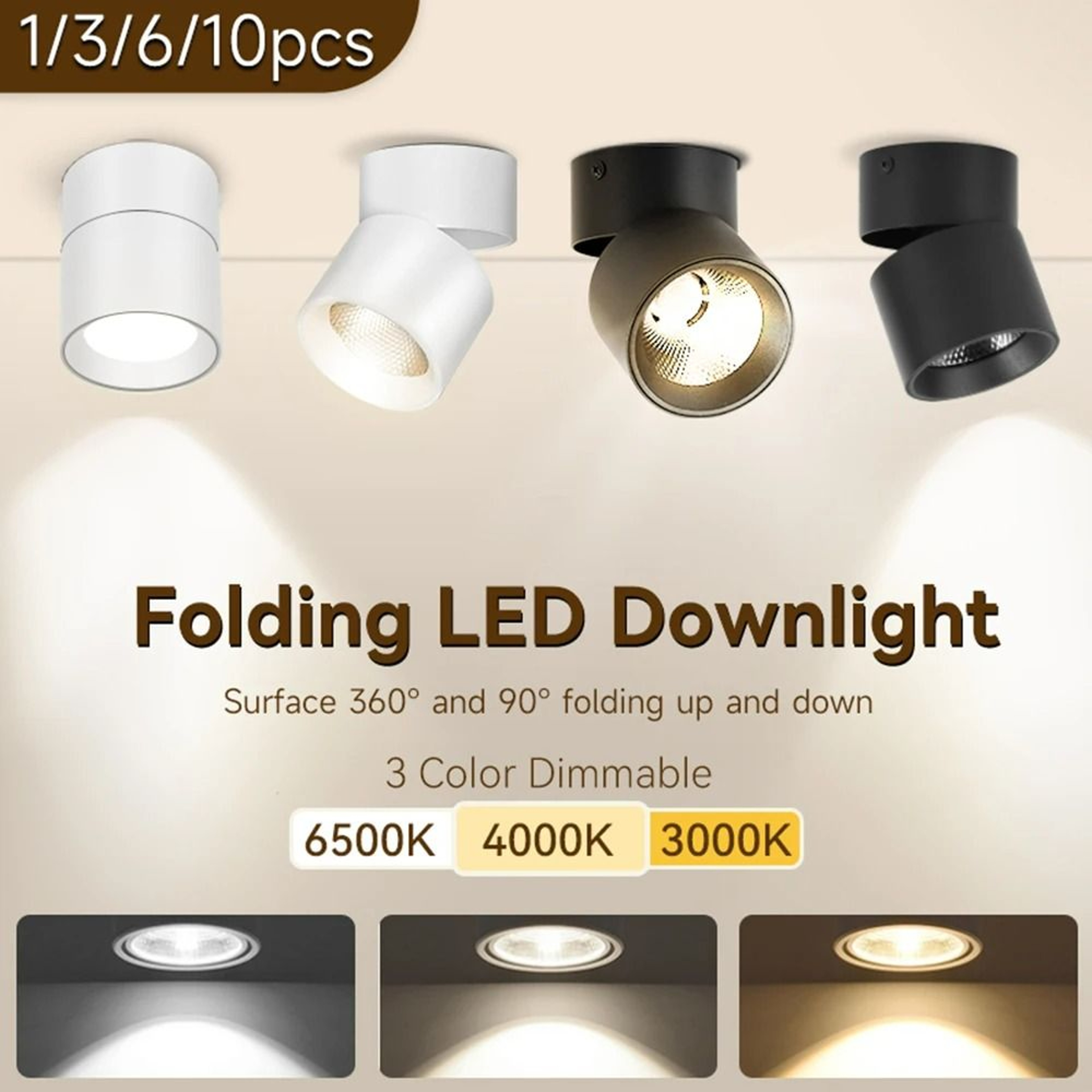 Foldable 3Color LED Ceiling Spotlight 220V Surface Mount Downlight For Living Room Bedroom  Kitchen 5