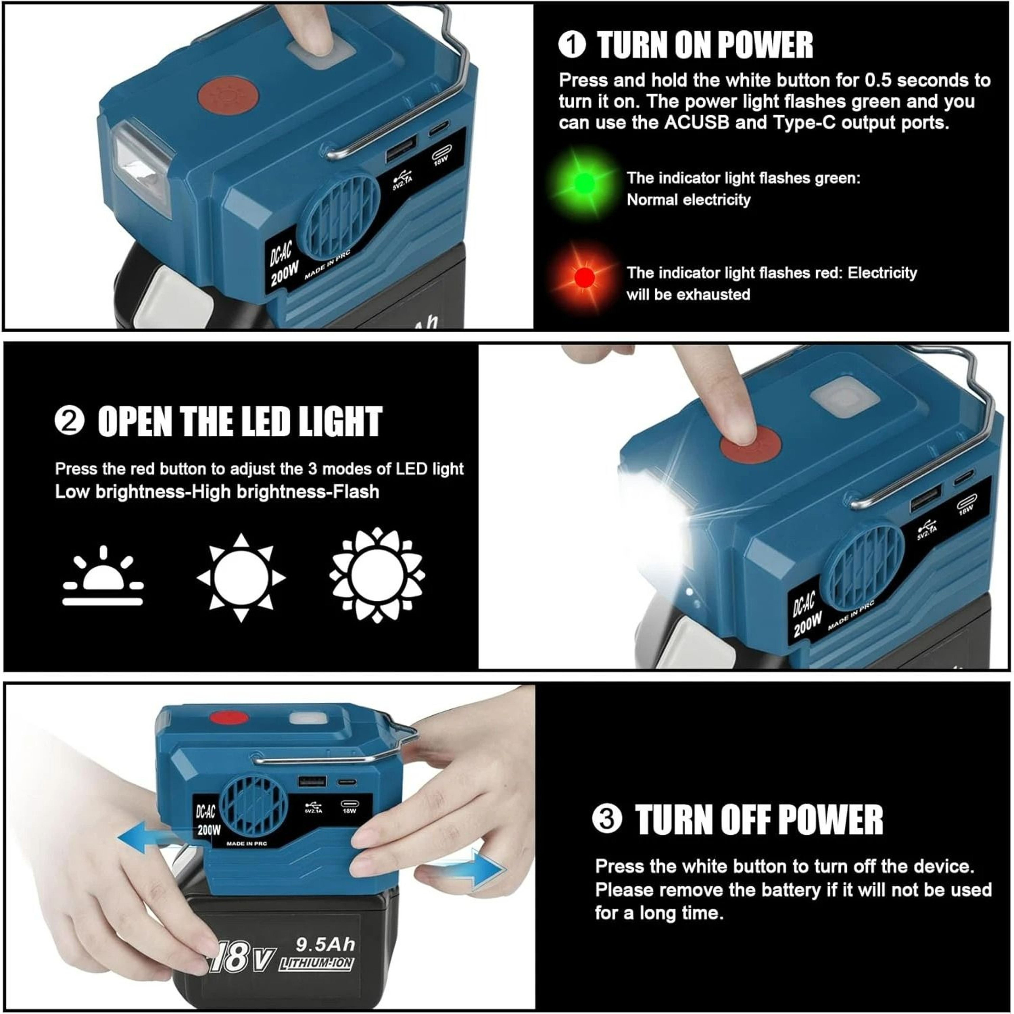 Portable 200W Power Inverter  MultiPort Generator For 18V20V Lithium Batteries 4