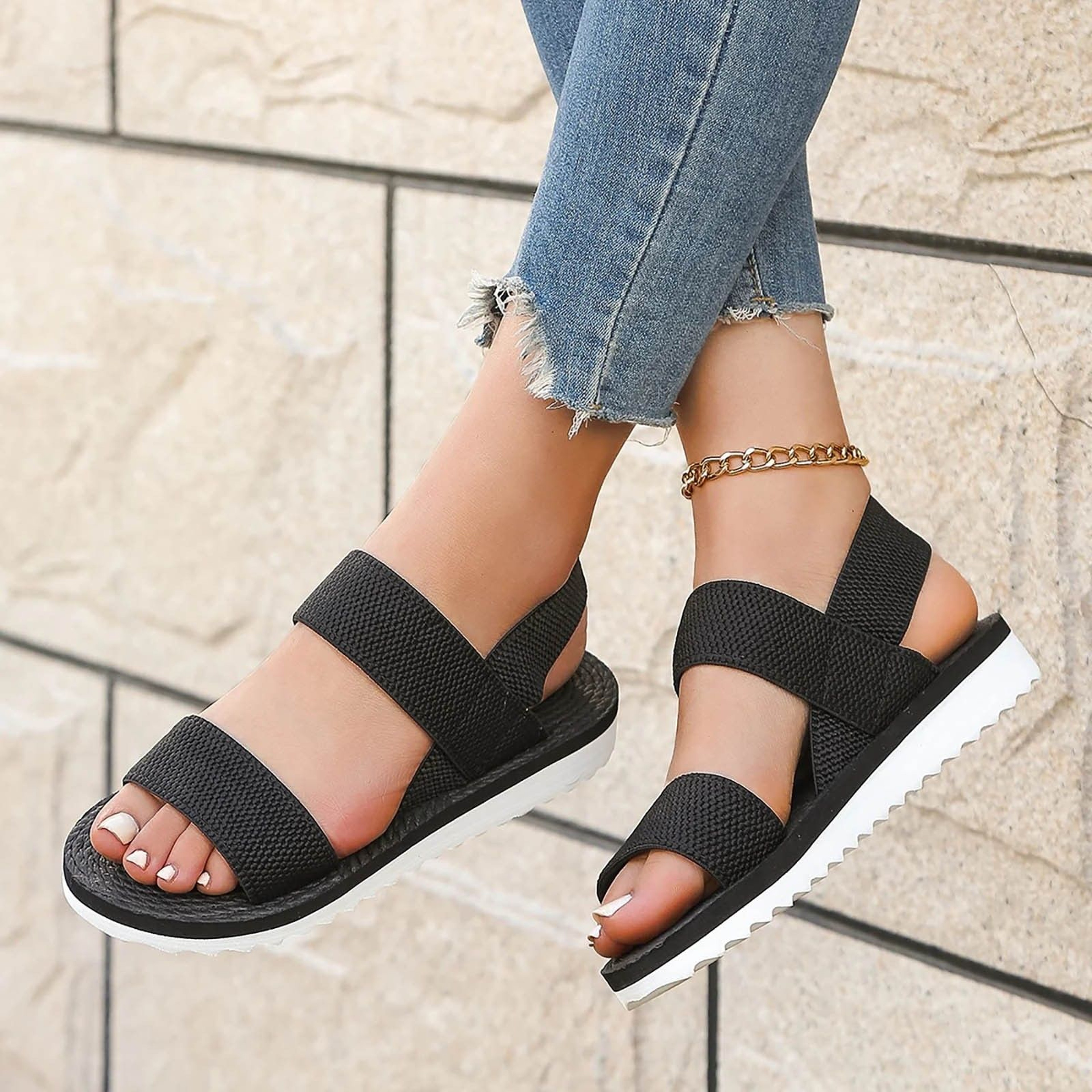 Womens Black Flat Sandals  Comfortable AntiSlip Summer Shoes With LaceUp Detail 1