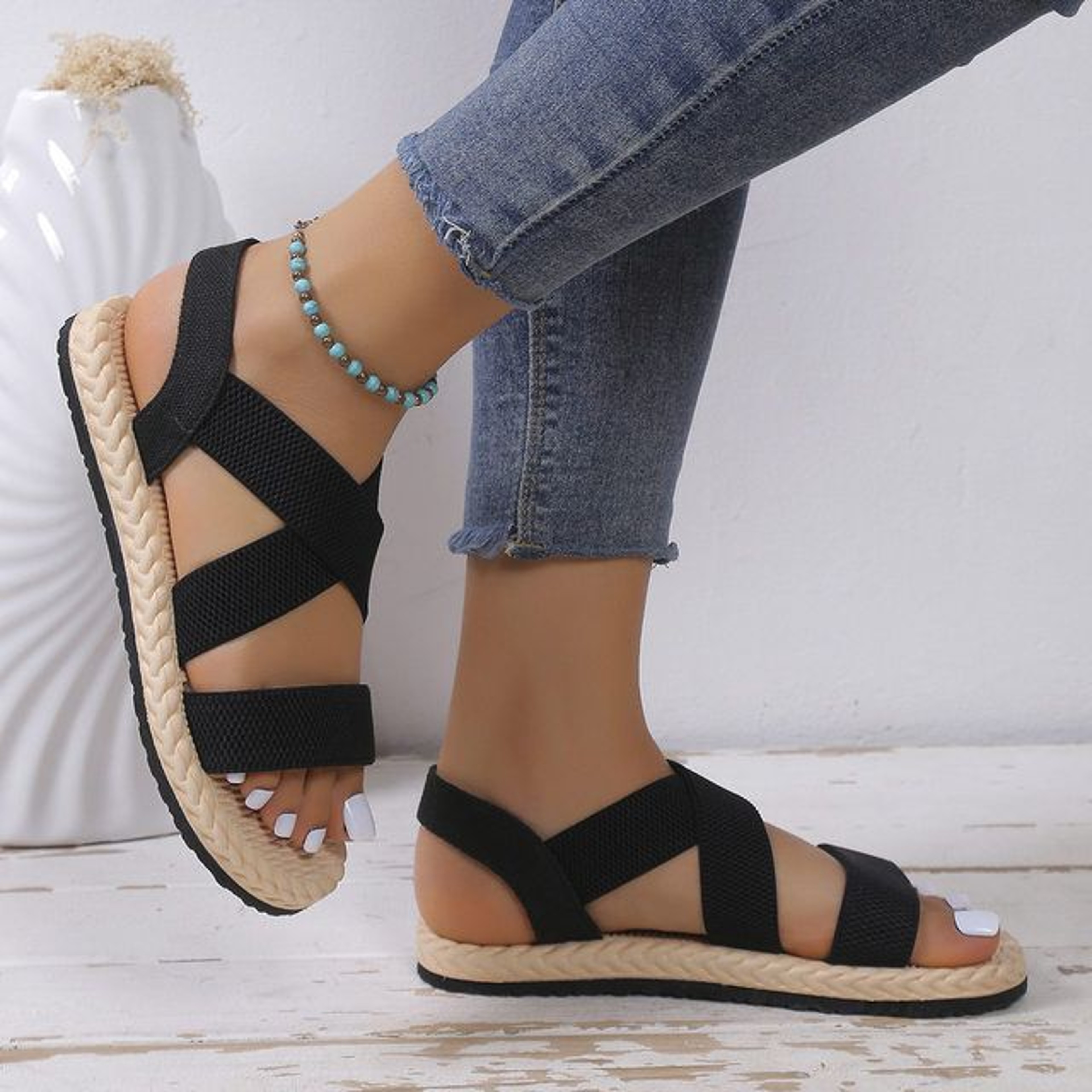 Womens Flat Black LaceUp Sandals  AntiSlip Comfortable Sole With FashionForward Design 2