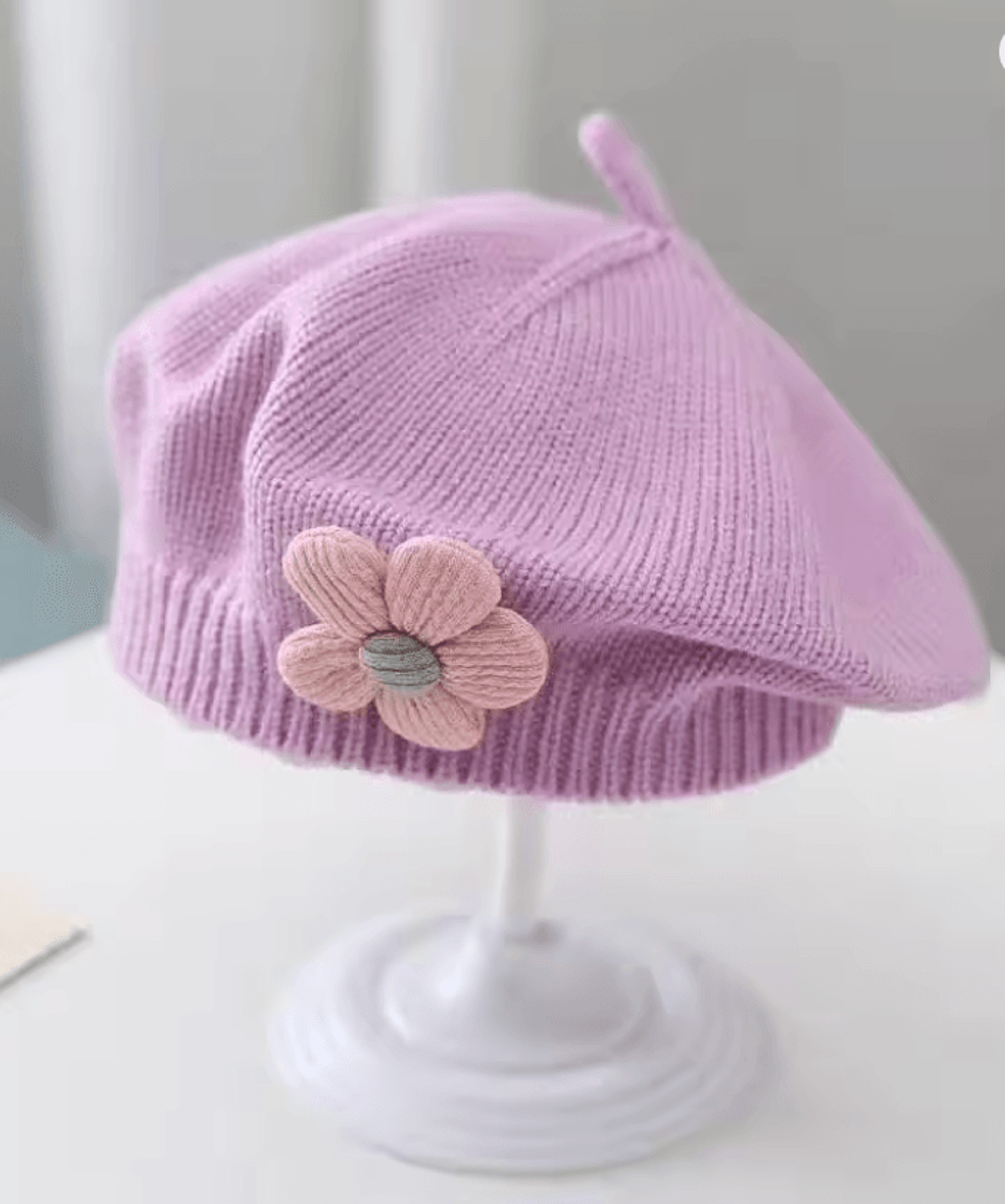 Knitted Baby Beret Hat With Flower Accent  Warm Toddler Girl Winter Beanie Cap 1