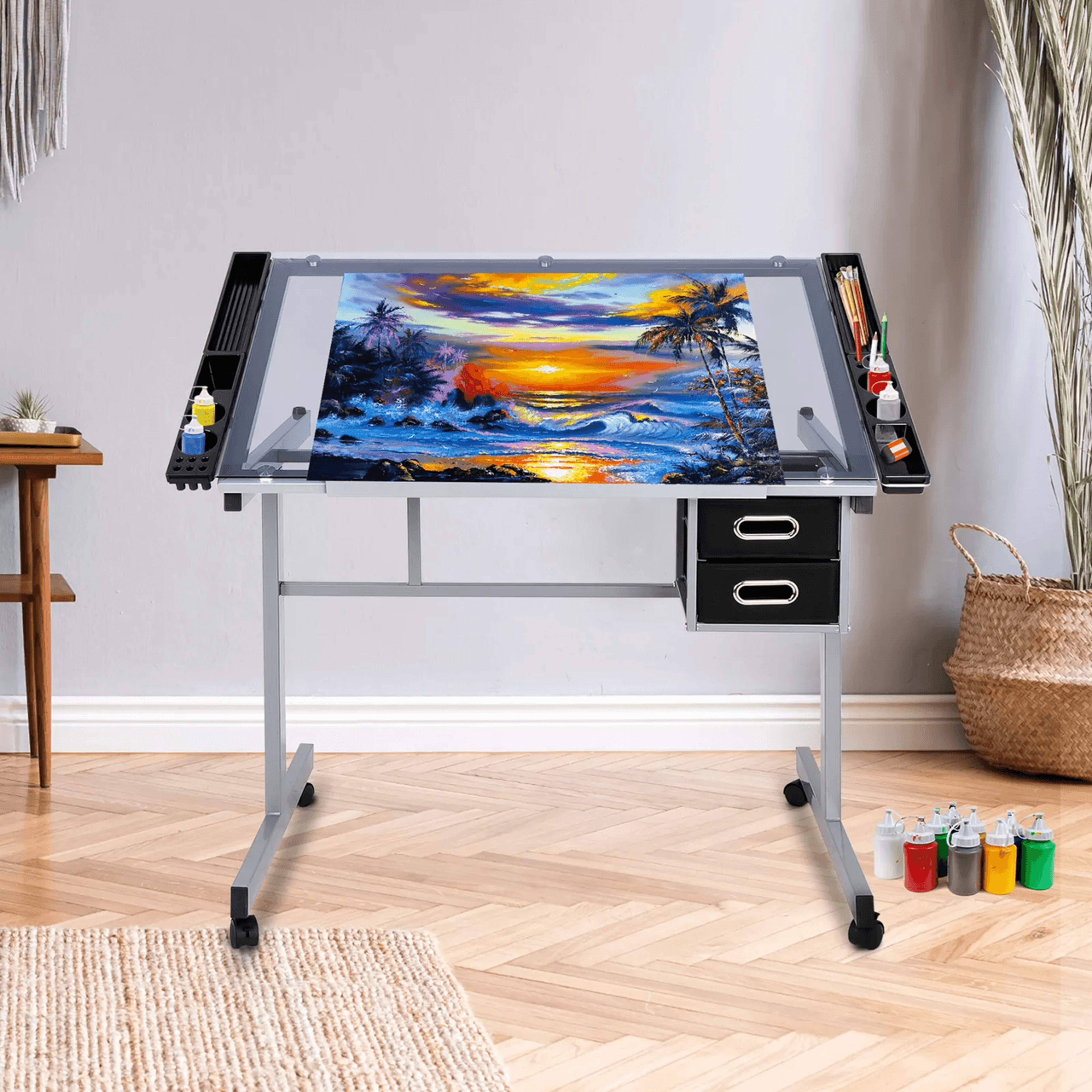 Adjustable Rolling Drafting Table With Tempered Glass Top For Art Craft And Design Workstation 8