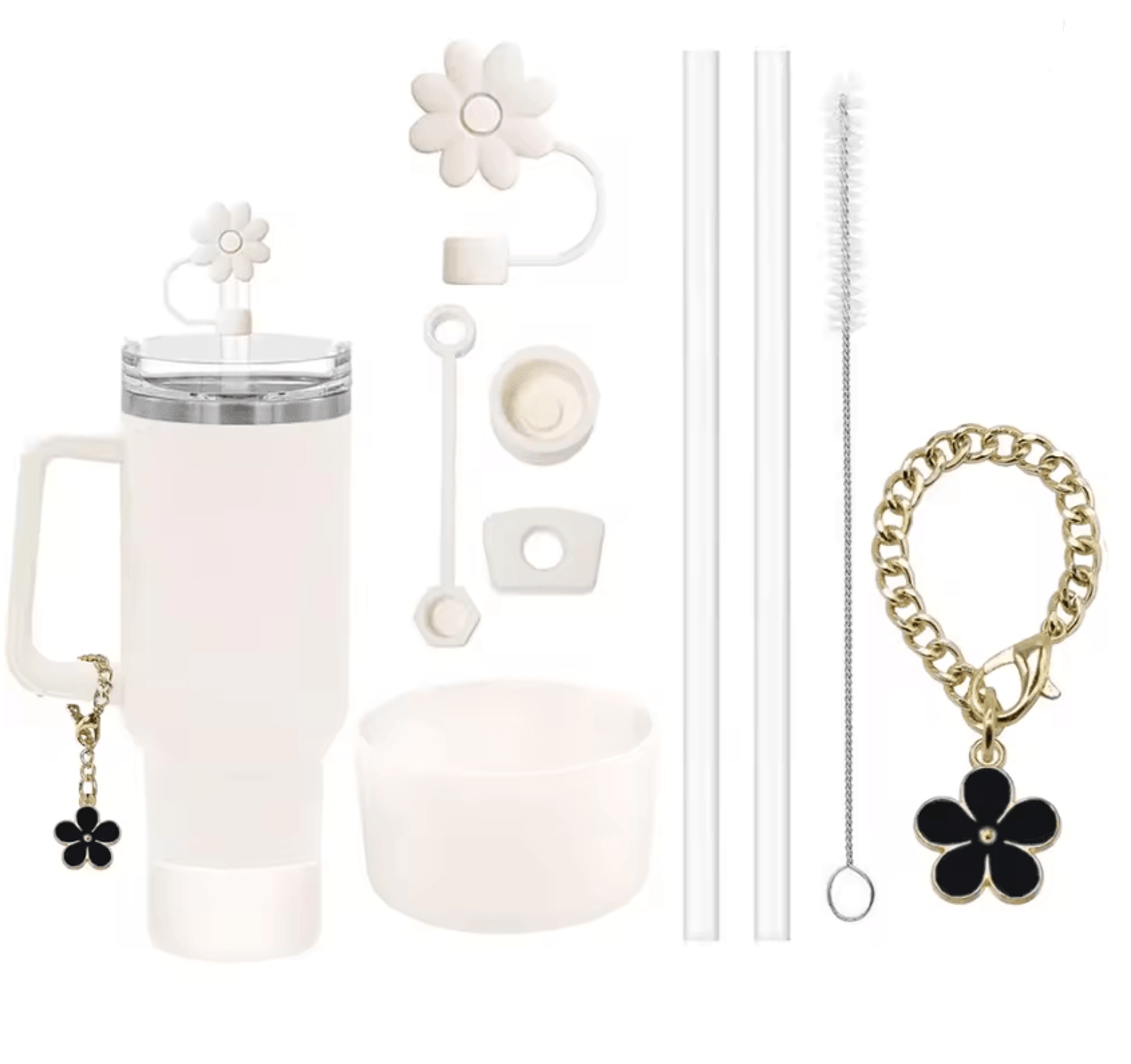 9 Piece Stanley Cup Accessory Set With Straw Covers Boot Spill Stoppers And Flower Charm 9