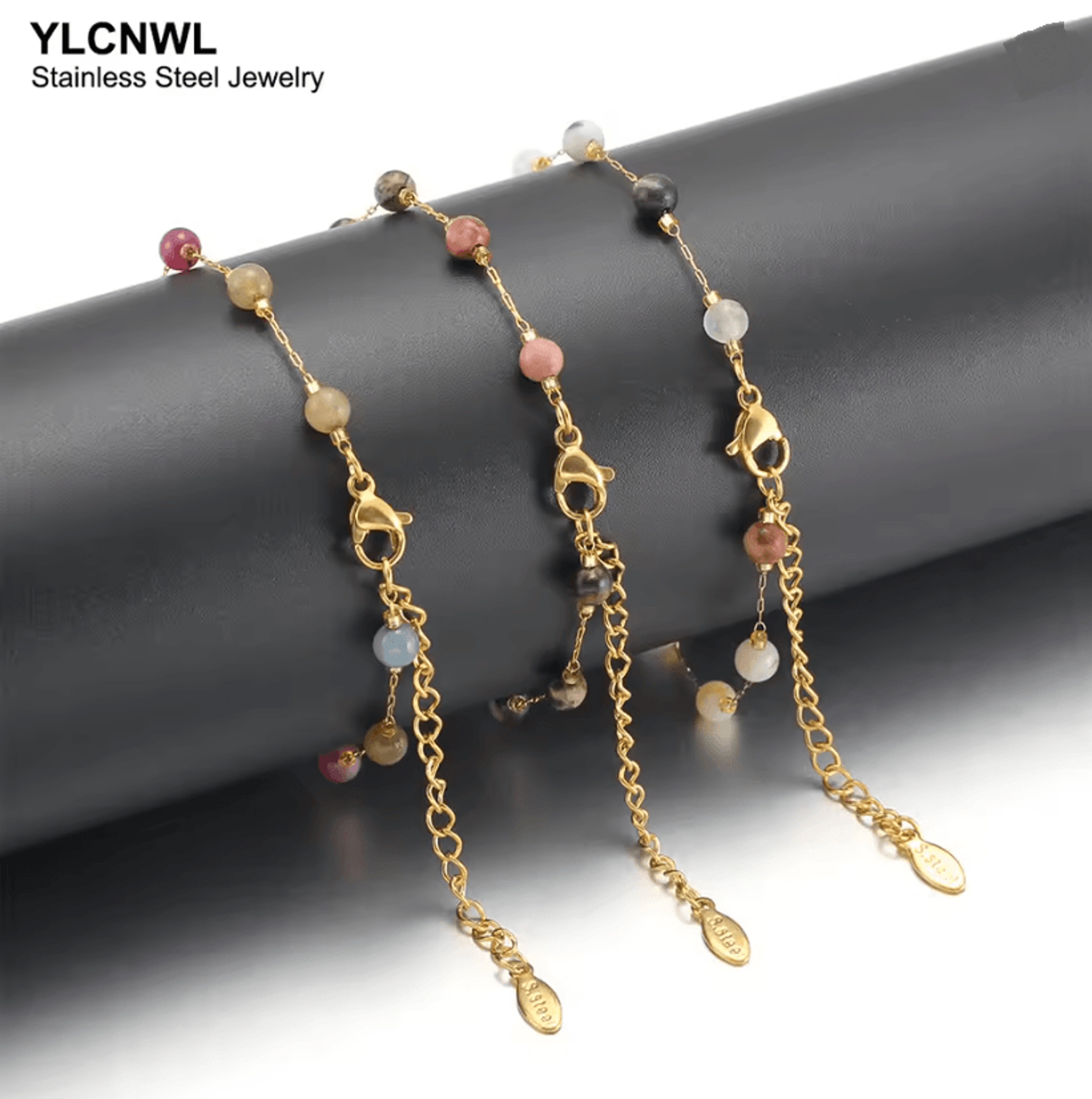 Natural Stone Crystal Bead Chain Bracelet For Women In Gold Tone 0