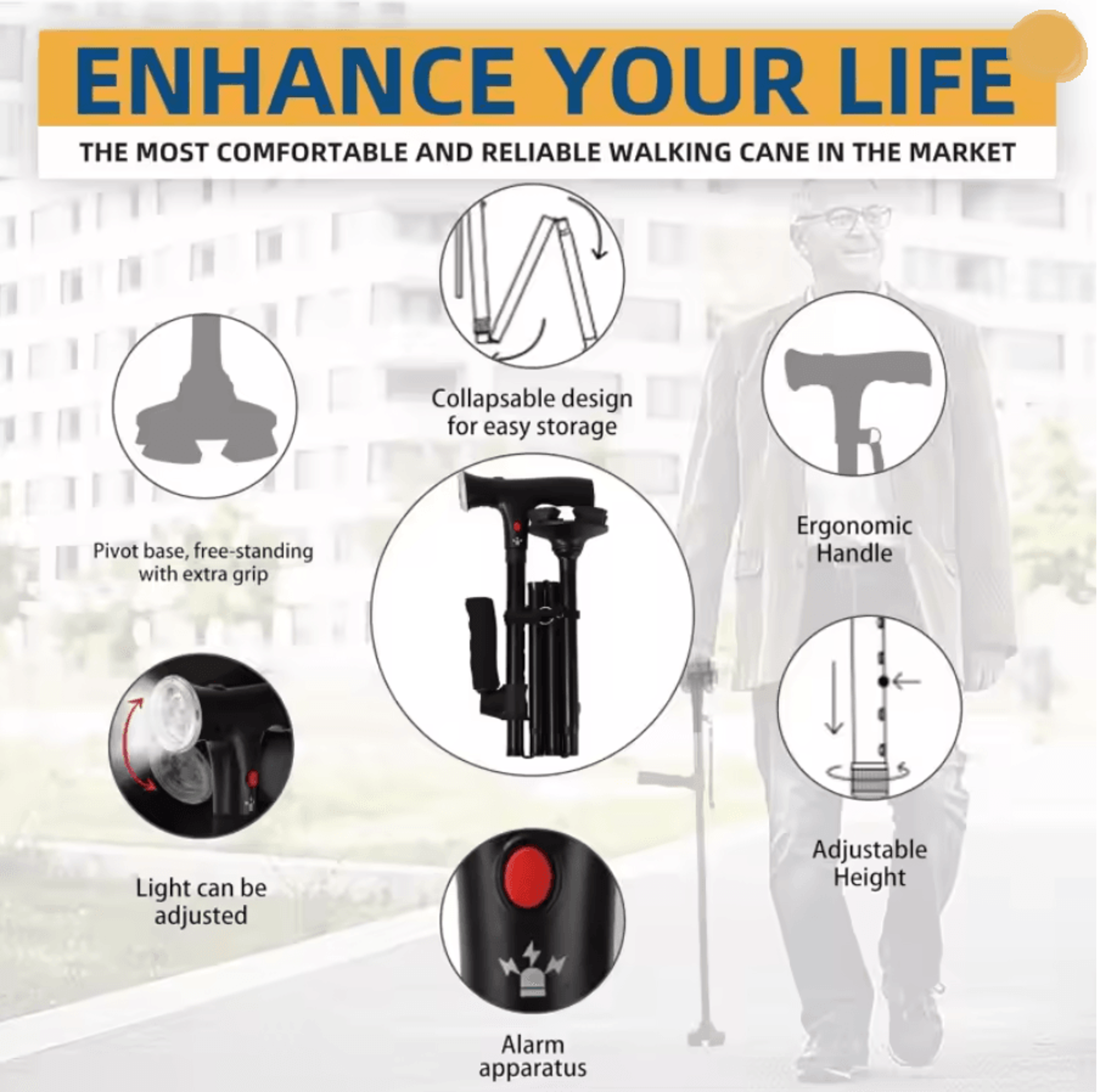 Folding Adjustable Walking Cane With LED Light 2