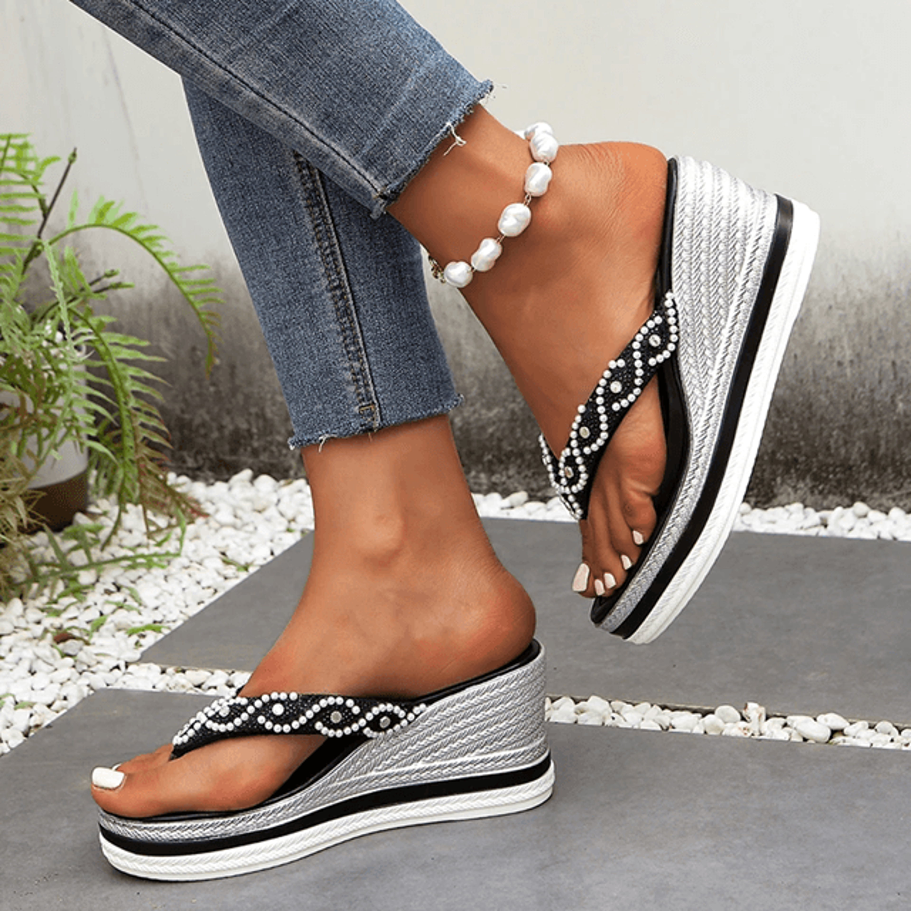 Womens Pearl Decor Wedge Sandals Thick Sole Platform Flip Flops For Summer 1