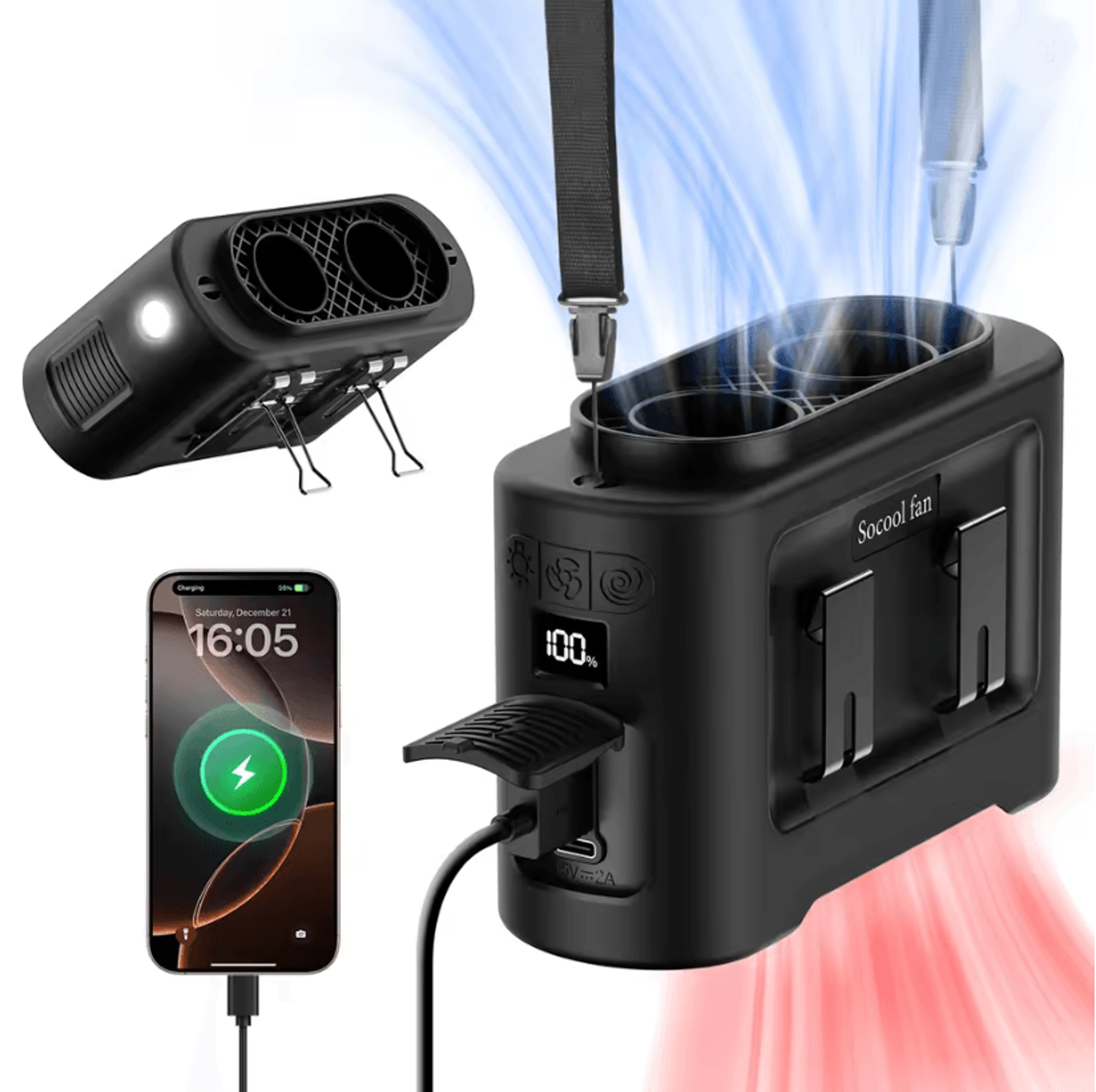 Portable Waist Fan 14500mAh Rechargeable Cooling Fan With Dual Airflow Outlets And Power Bank Funct