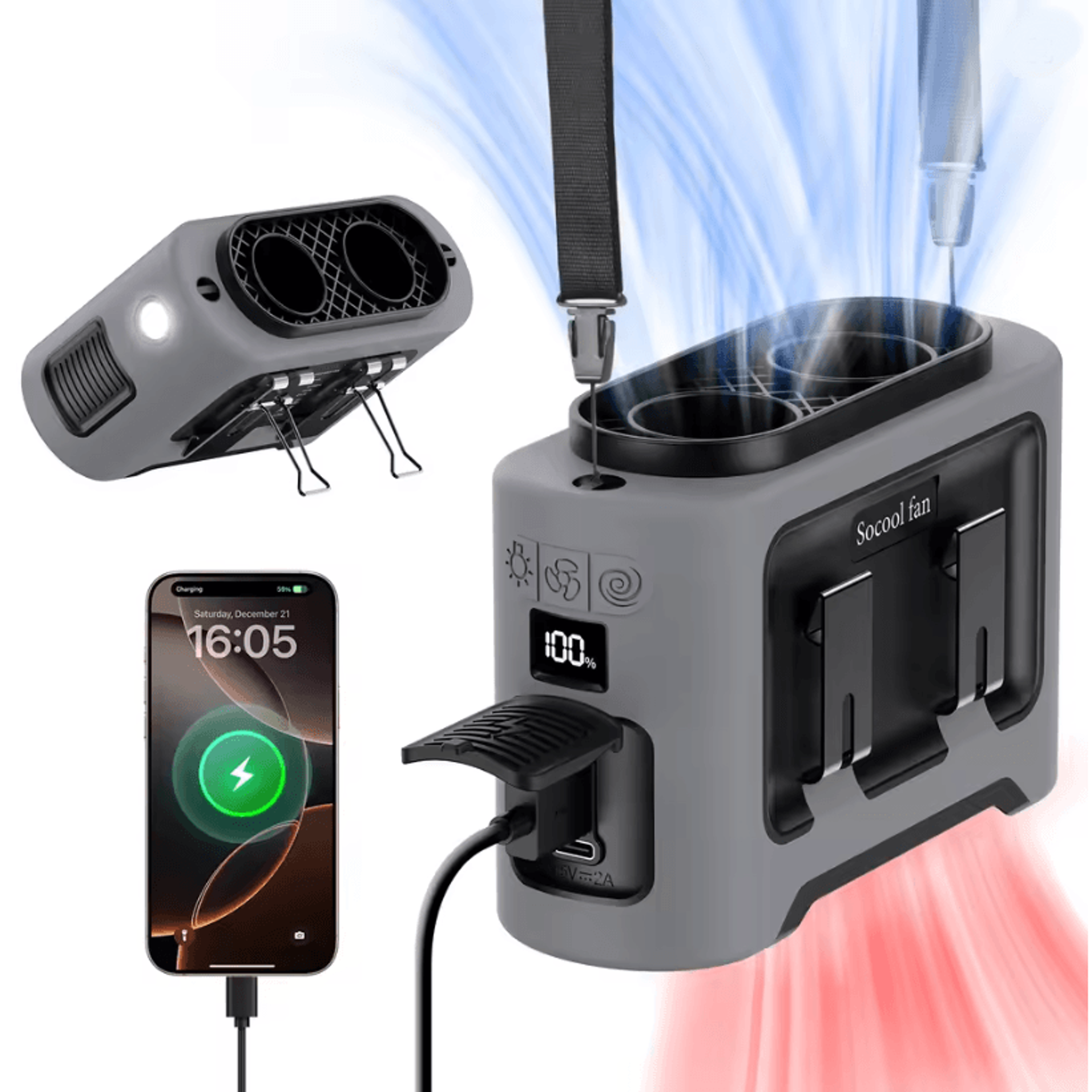 Portable Waist Fan 14500mAh Rechargeable Cooling Fan With Dual Airflow Outlets And Power Bank Funct