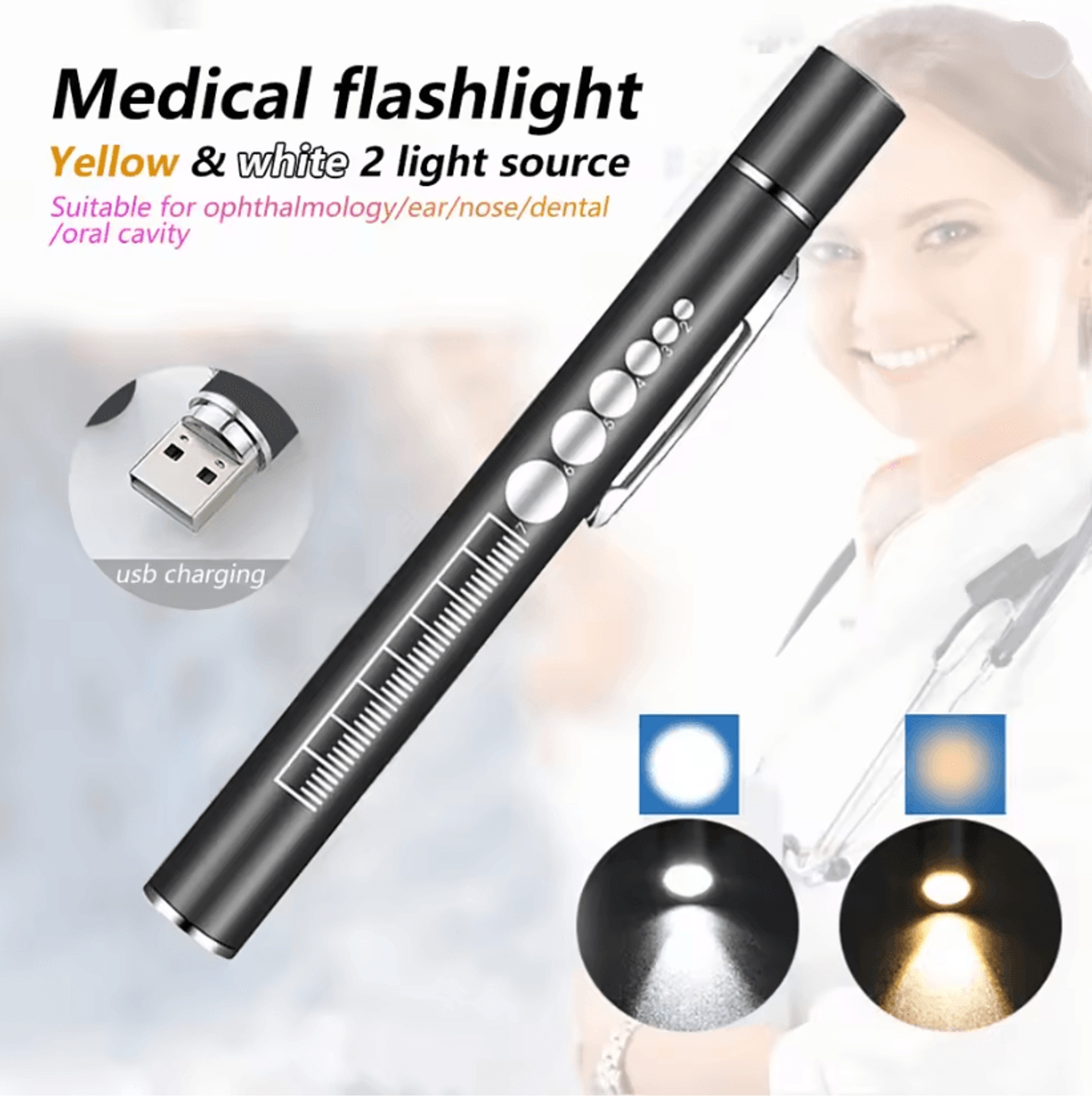 USB Rechargeable Medical Pen Light LED Nursing Flashlight With Pocket Clip 0