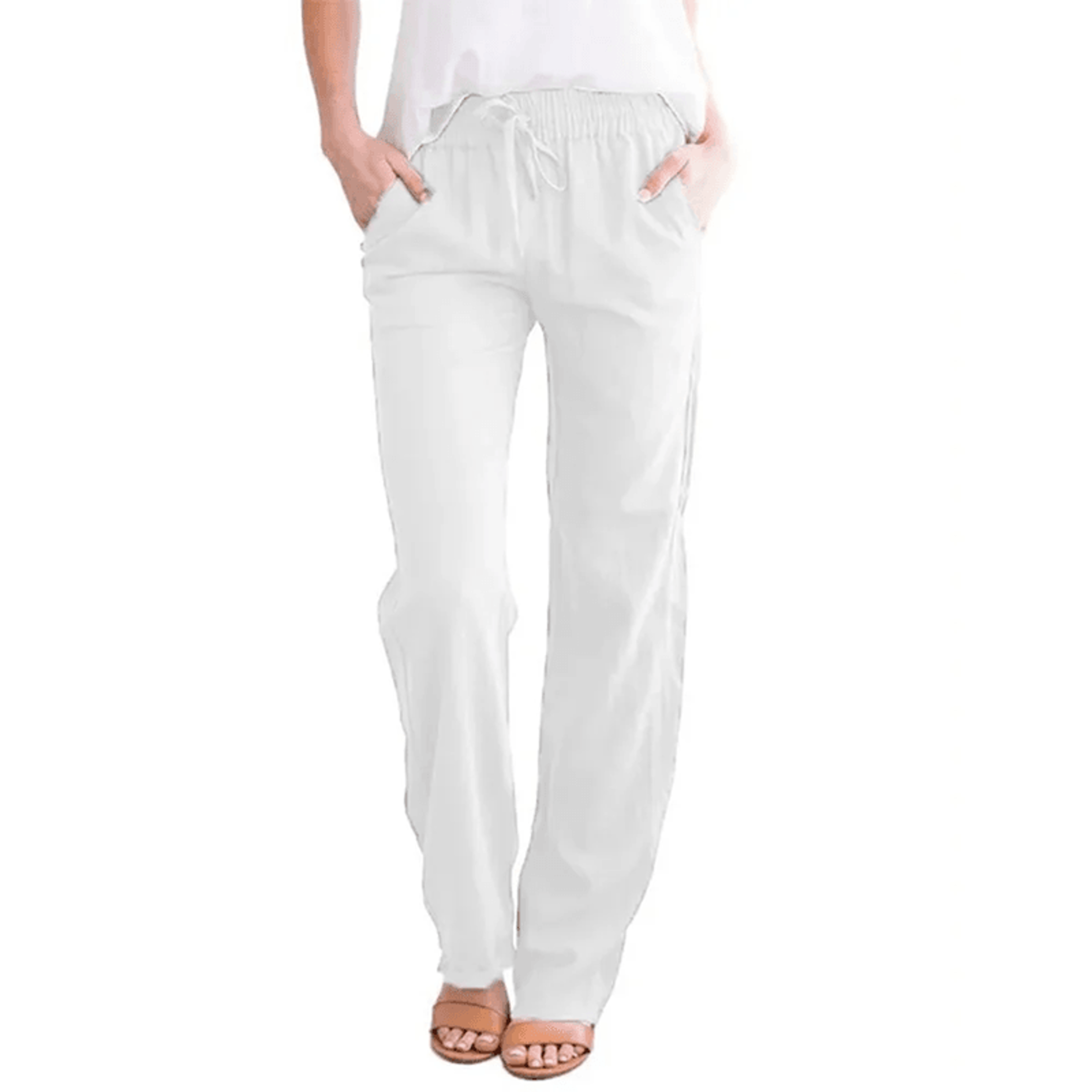 Women Cotton Linen Drawstring Pants Loose Straight Leg Trousers 0