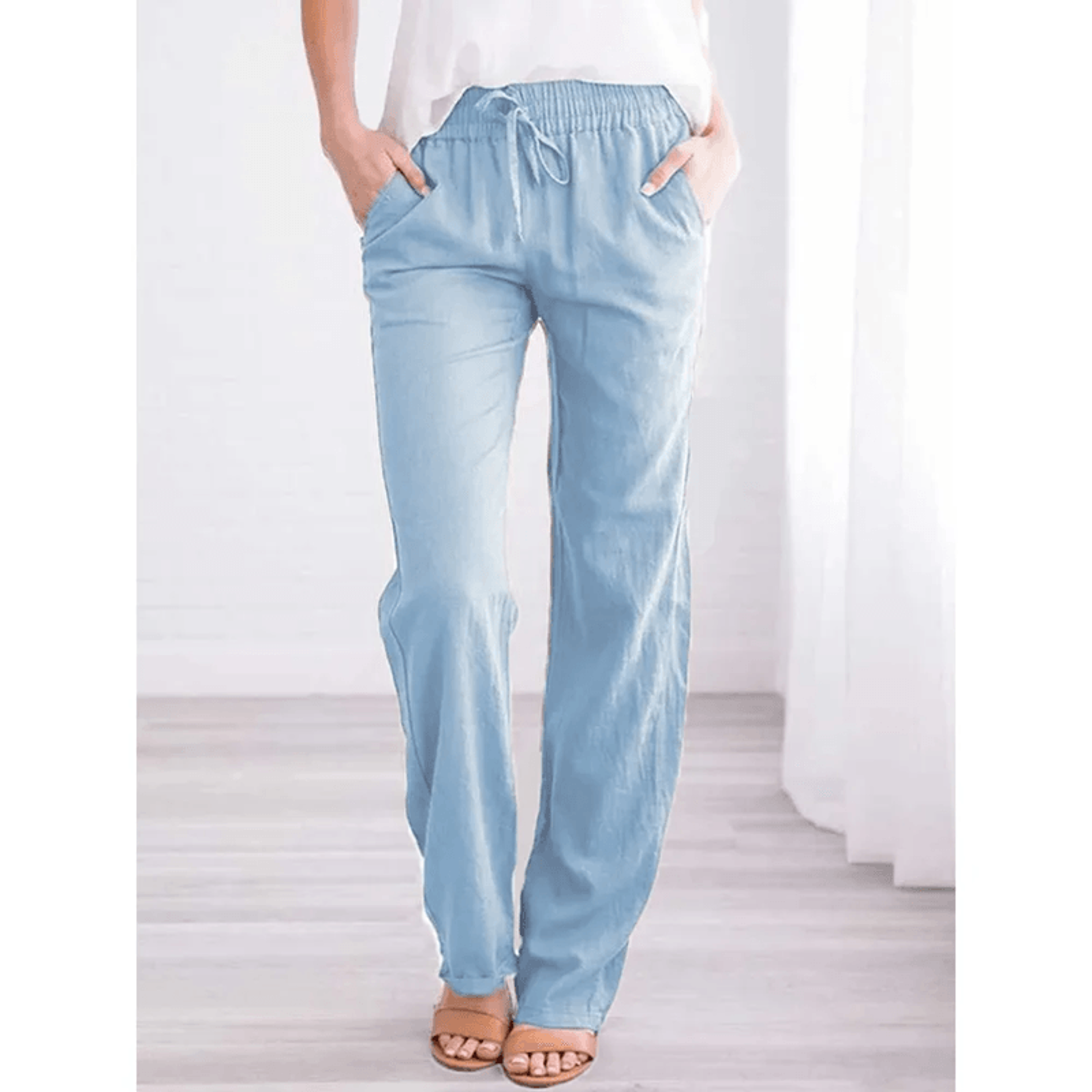Women Cotton Linen Drawstring Pants Loose Straight Leg Trousers 3
