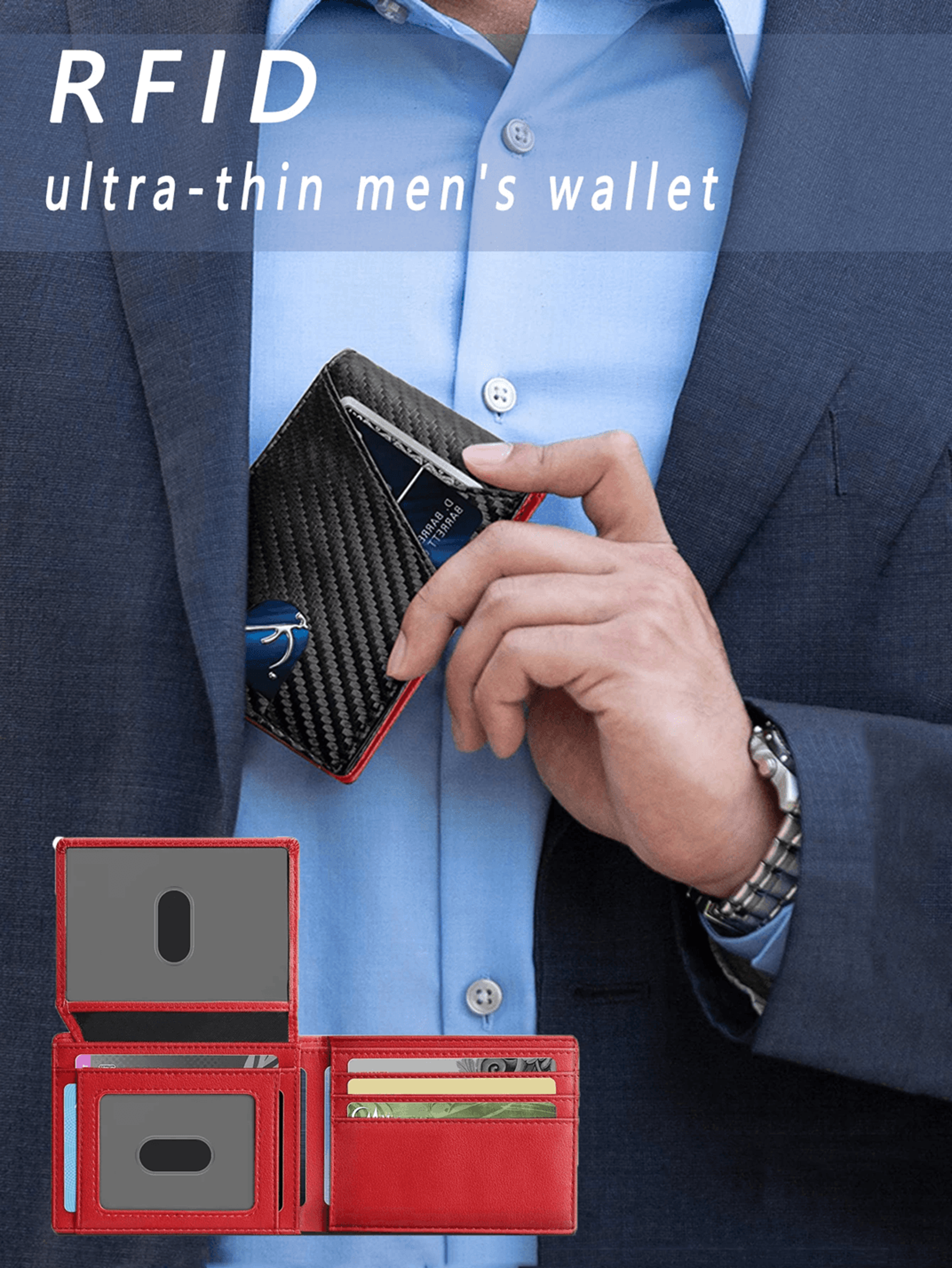 RFID Carbon Fiber Trifold Wallet For Men Ultra Thin Front Pocket Design 0